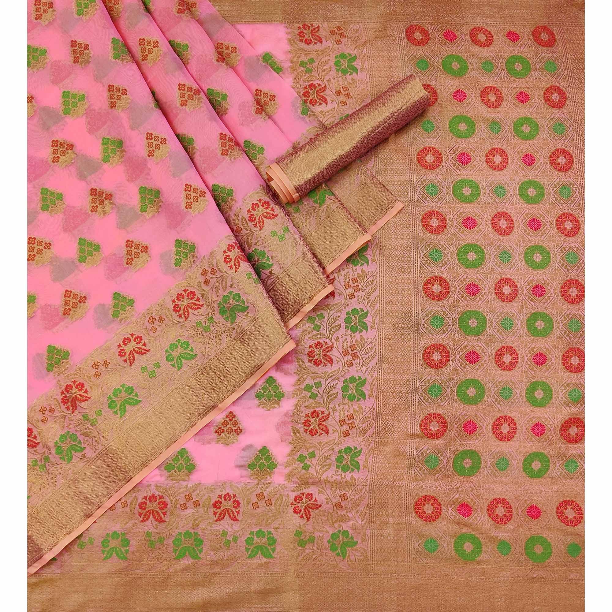 Pink Woven Organza Saree - Peachmode