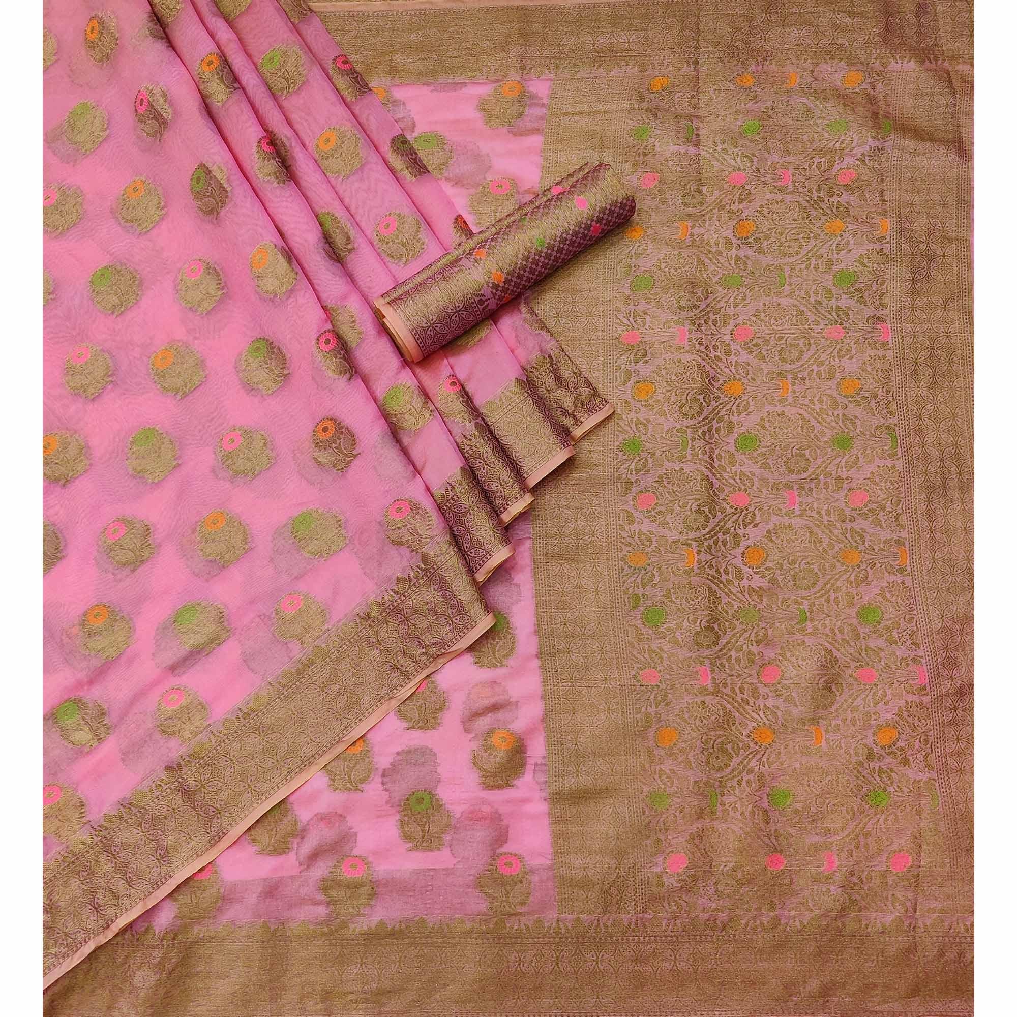 Pink Woven Organza Saree - Peachmode