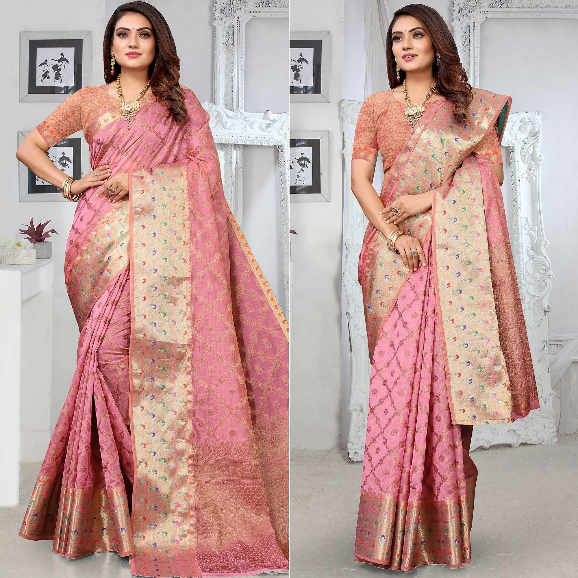 Pink Woven Organza Saree - Peachmode