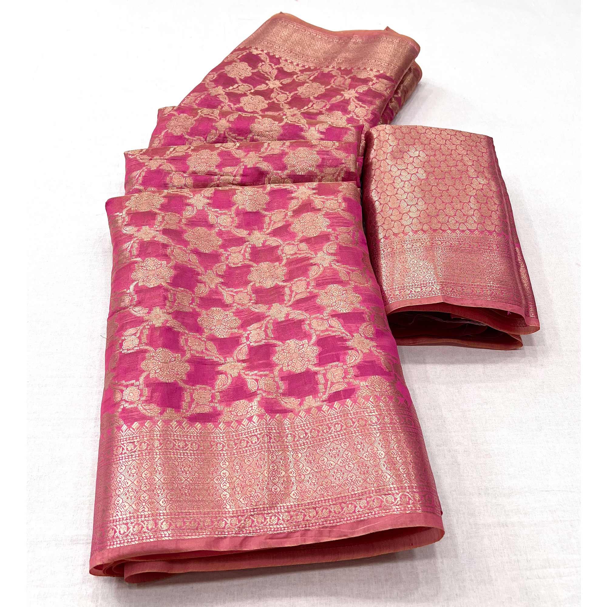 Pink Woven Organza Saree - Peachmode