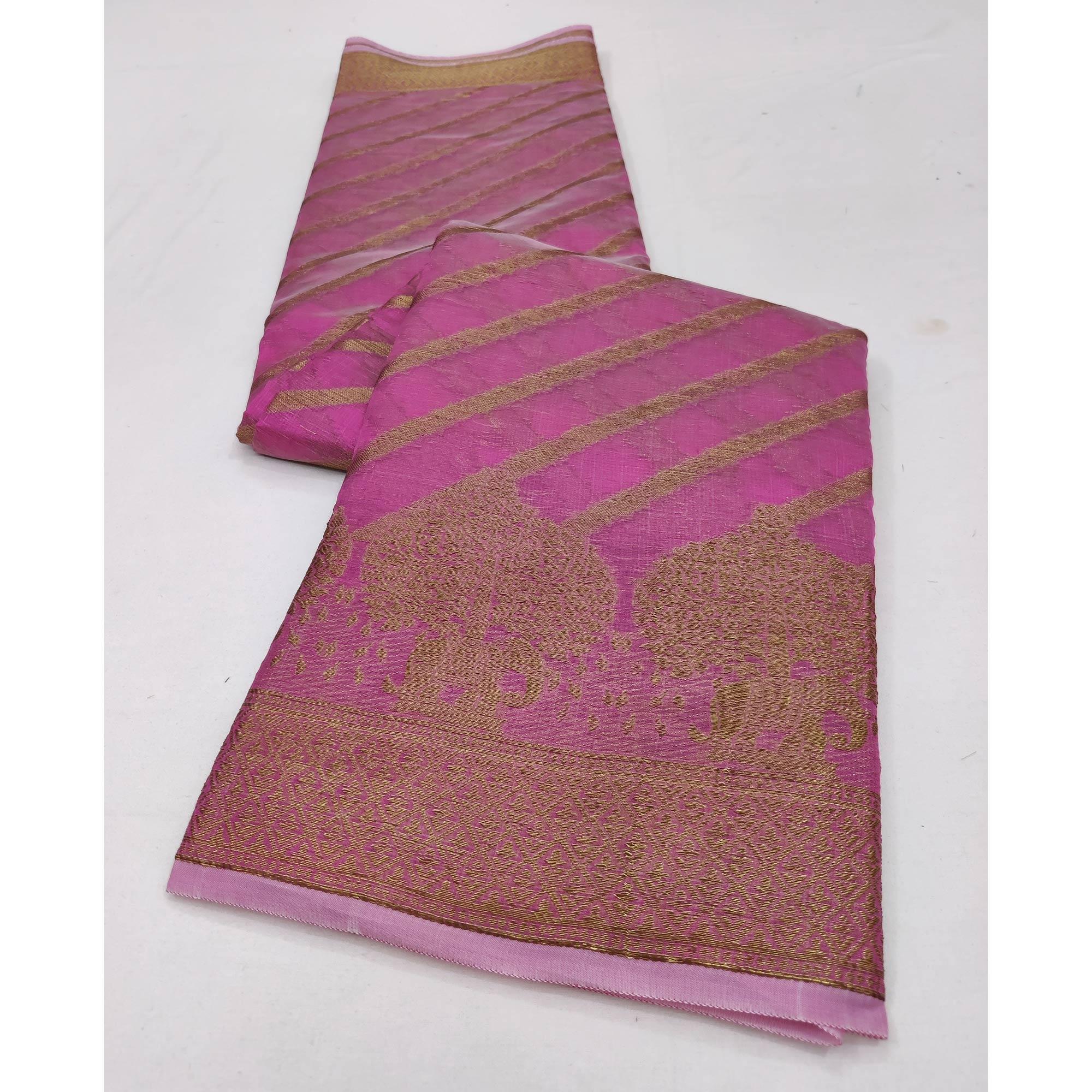 Pink Woven Organza Saree - Peachmode