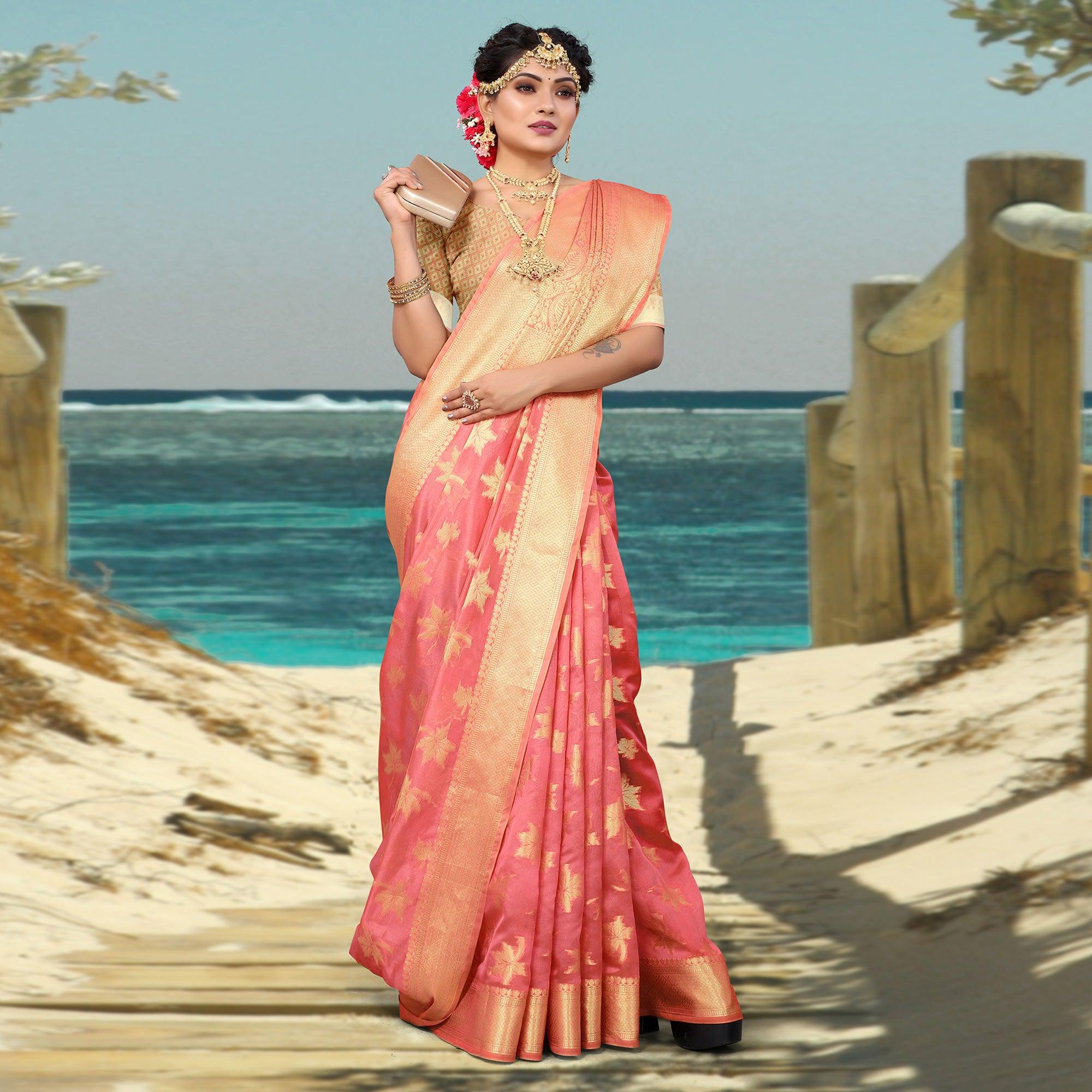 Pink Woven Organza Saree - Peachmode