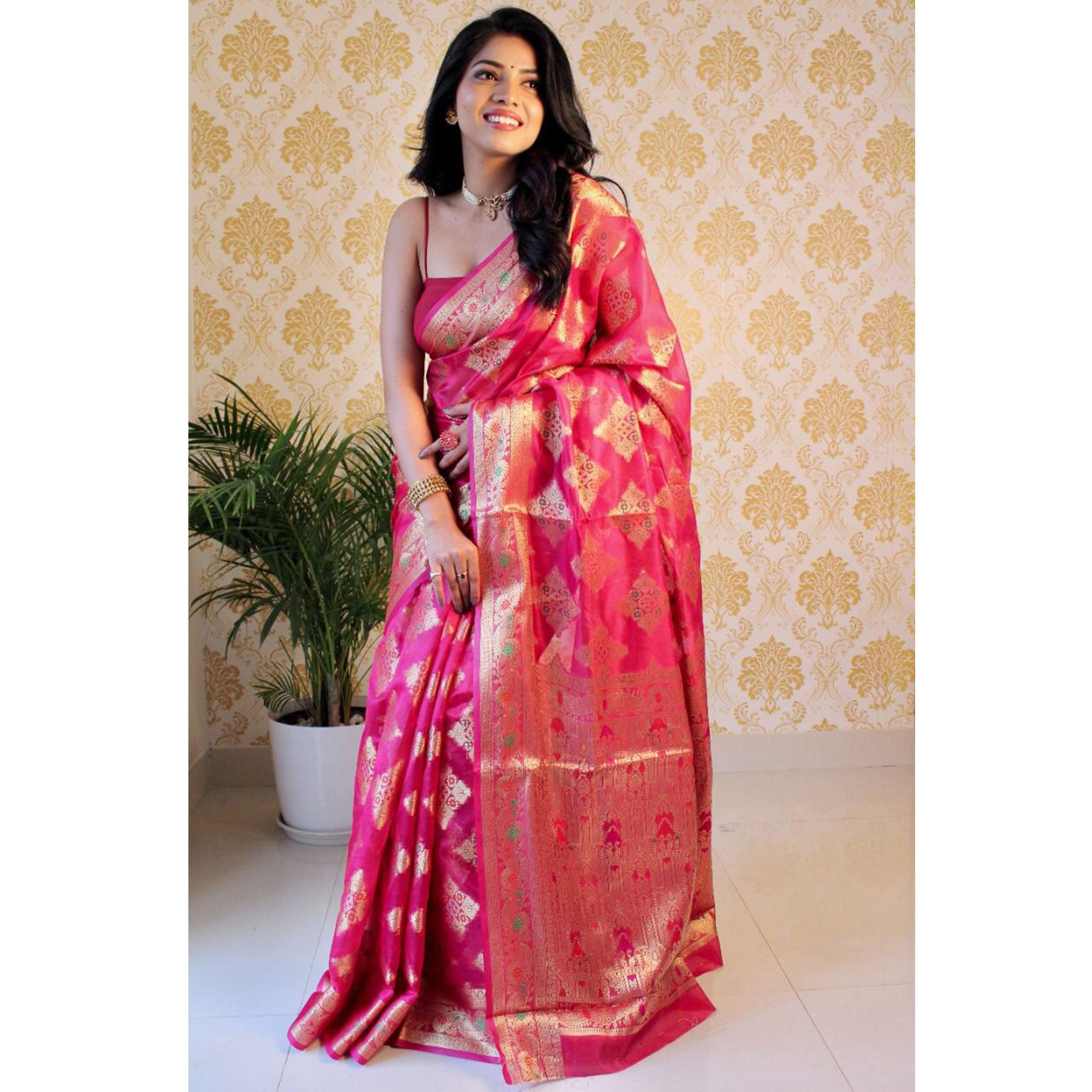 Pink Woven Organza Saree - Peachmode