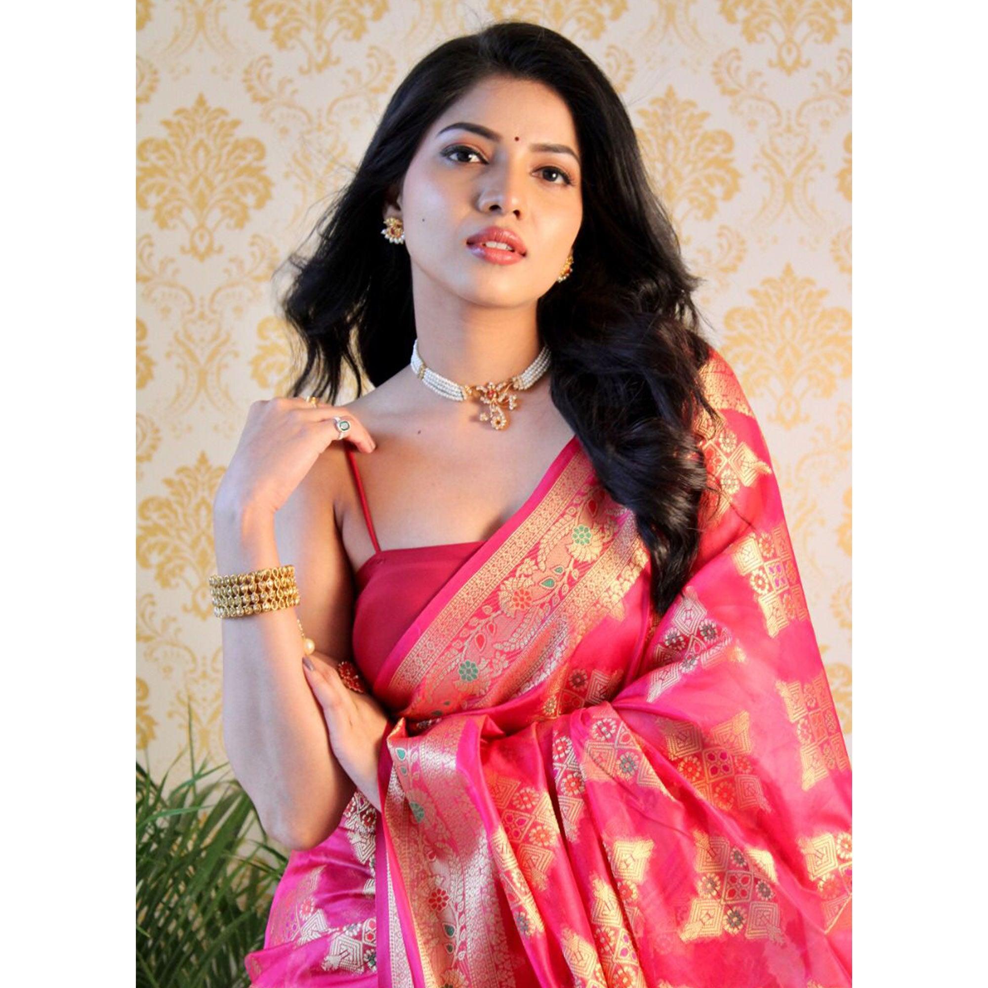Pink Woven Organza Saree - Peachmode