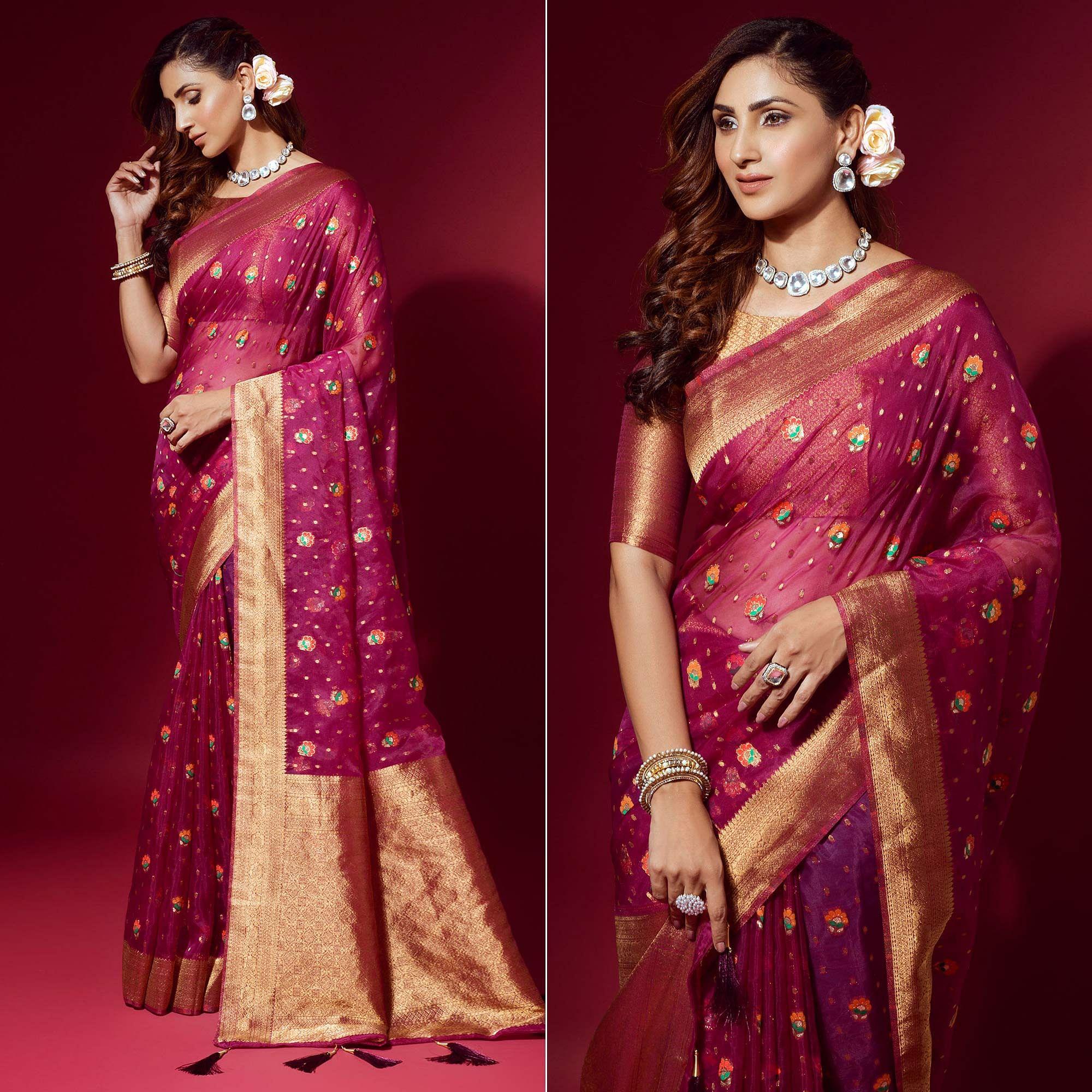 Pink Woven Organza Saree With Tassels - Peachmode