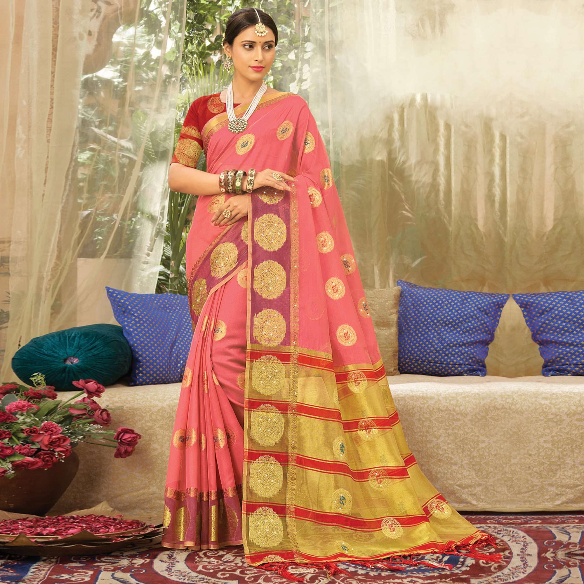 Pink Woven Organza Saree With Tassels - Peachmode