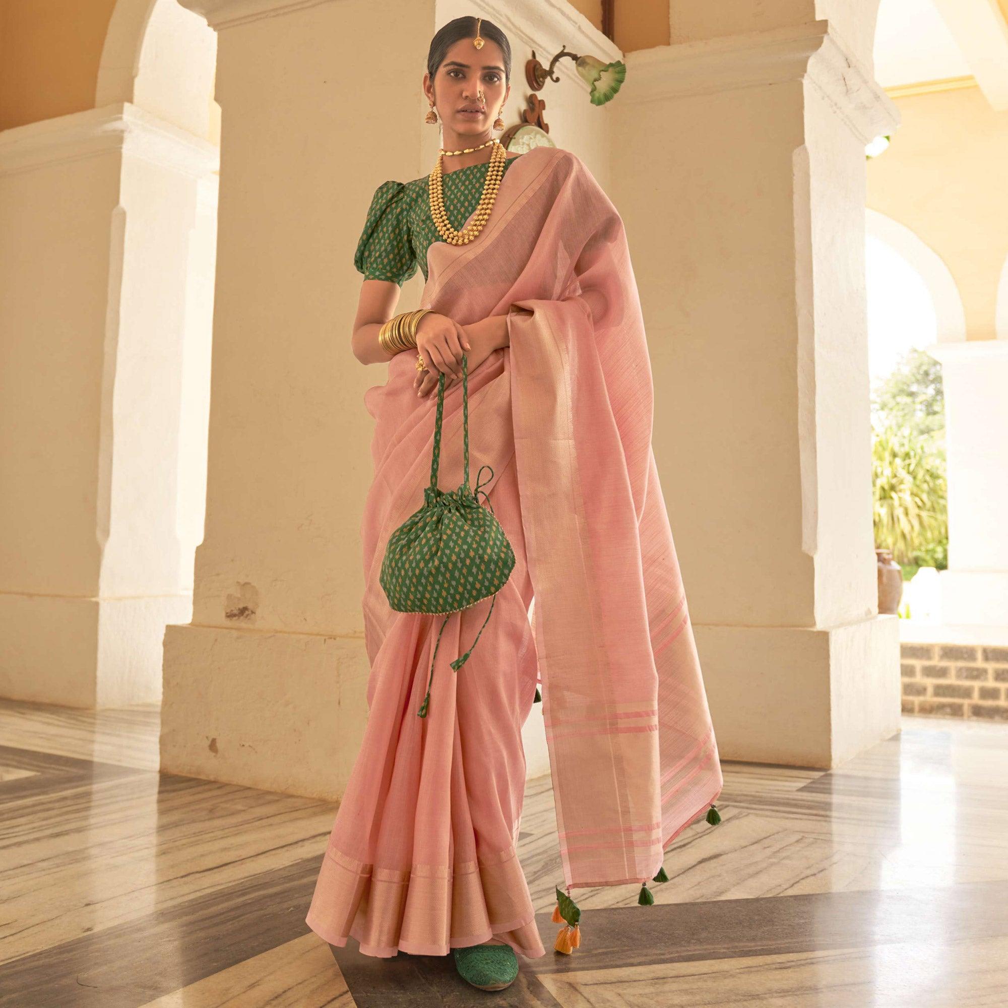 Pink Woven Organza Saree With Tassels - Peachmode