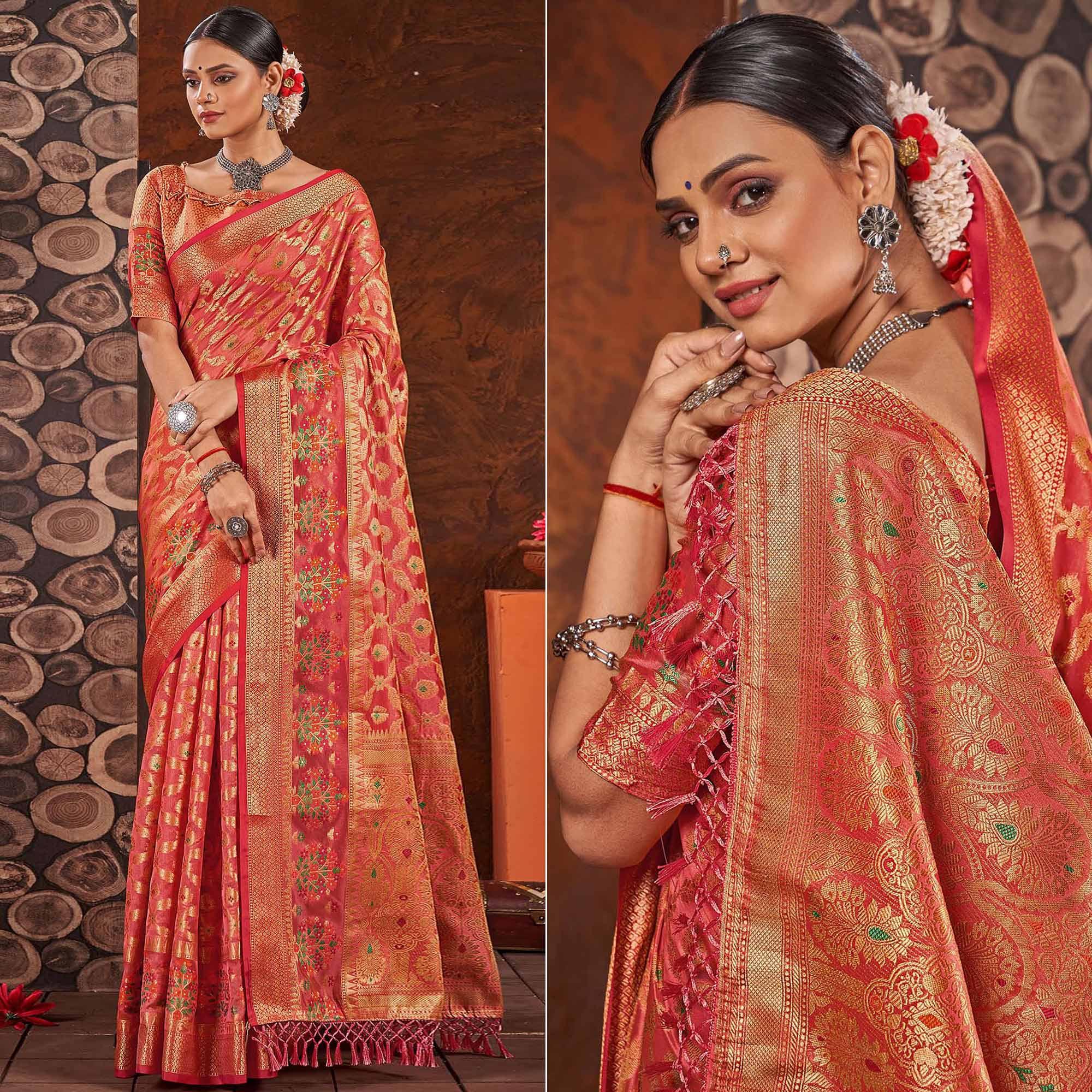 Pink Woven Organza Saree With Tassels - Peachmode
