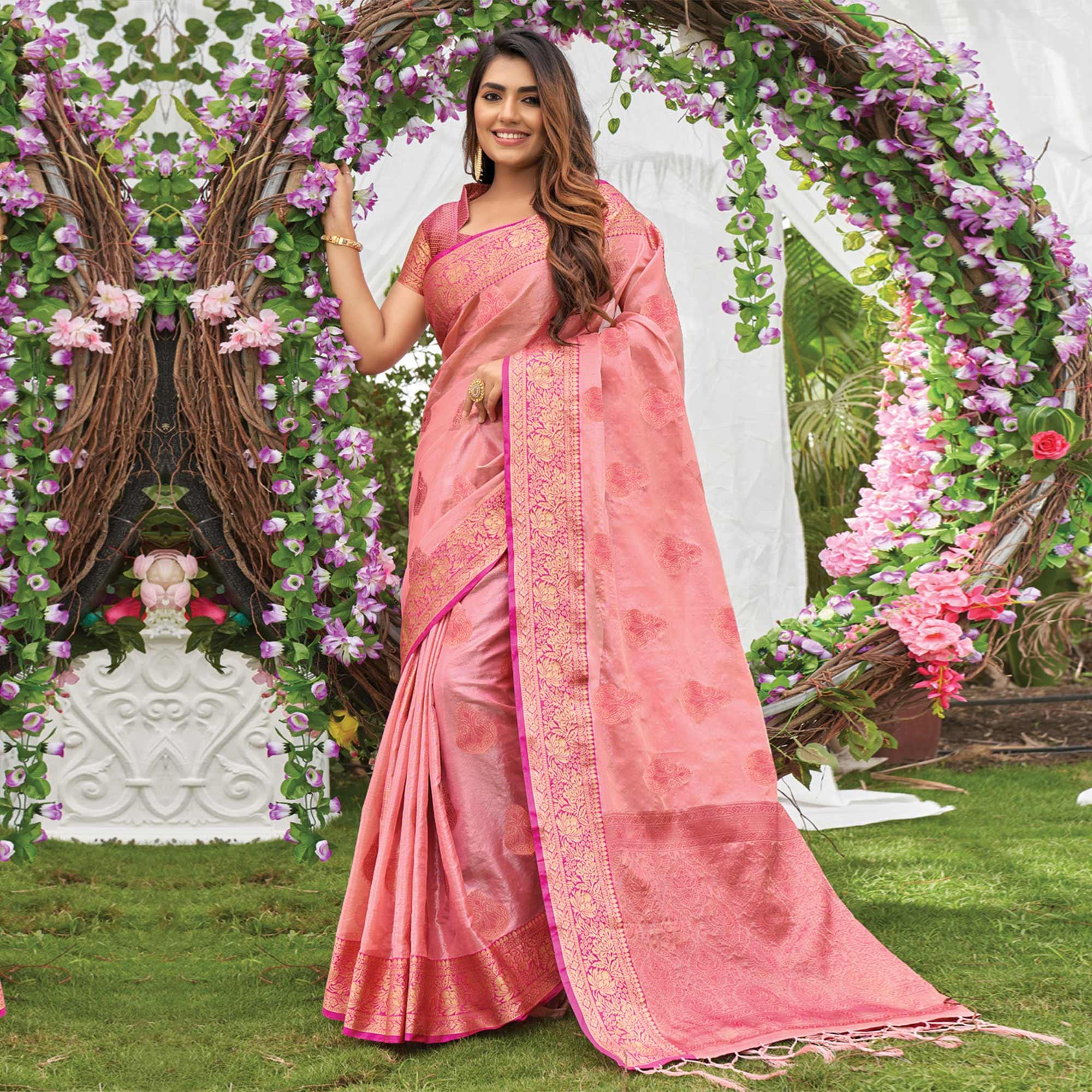 Pink Woven Organza Saree with Tassels - Peachmode