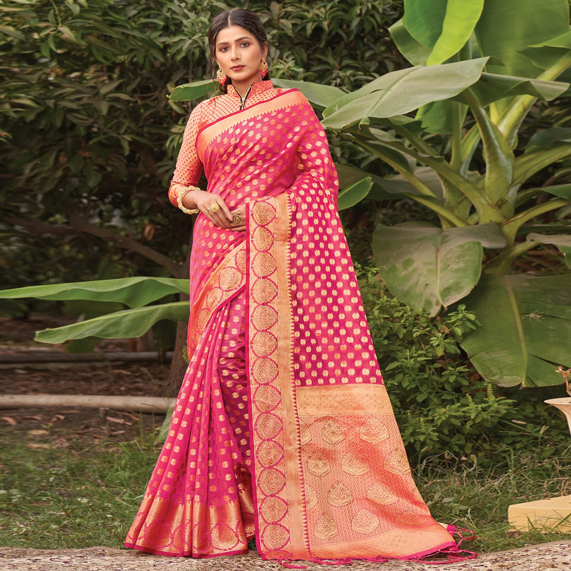 Pink Woven Organza Saree with Tassels - Peachmode