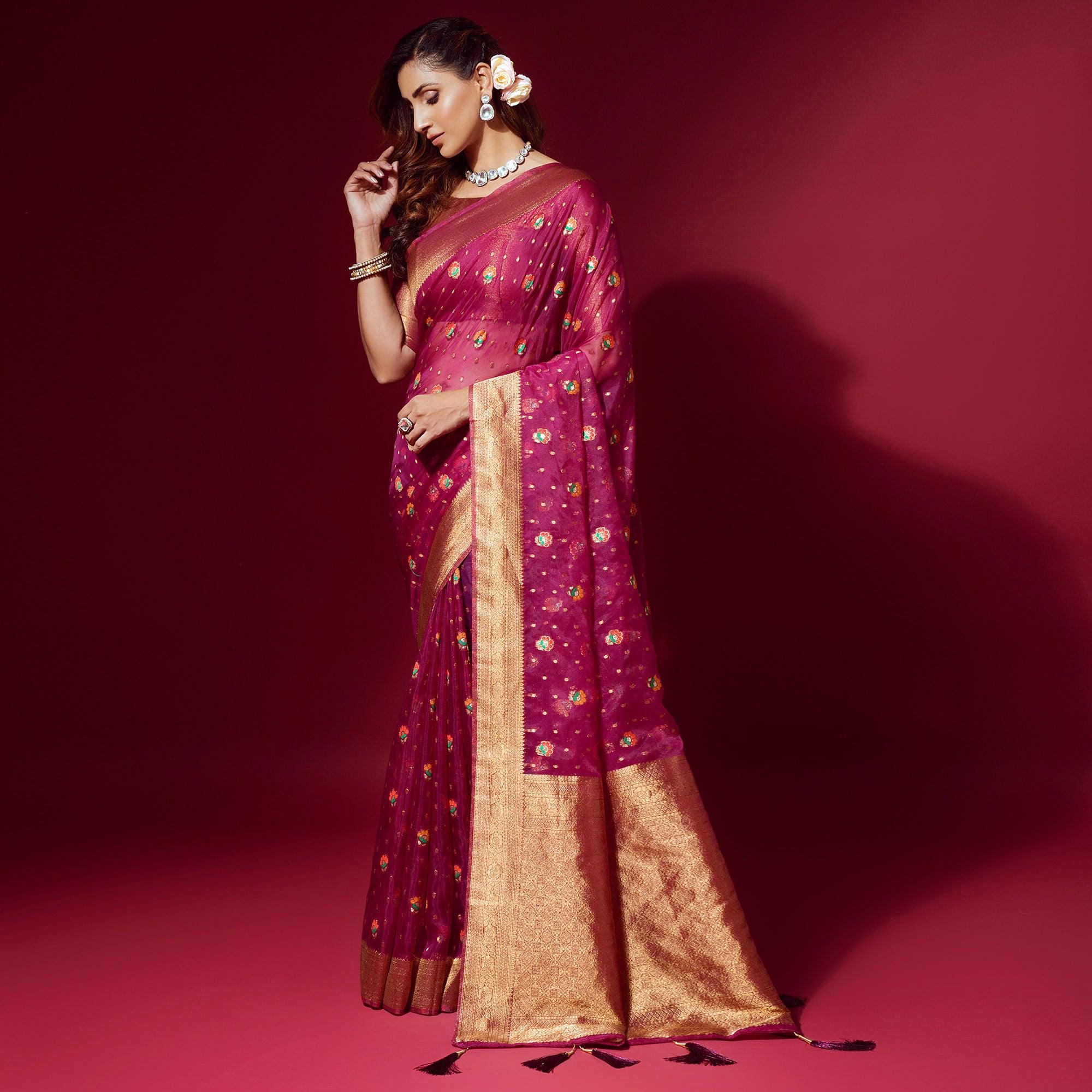 Pink Woven Organza Saree With Tassels - Peachmode