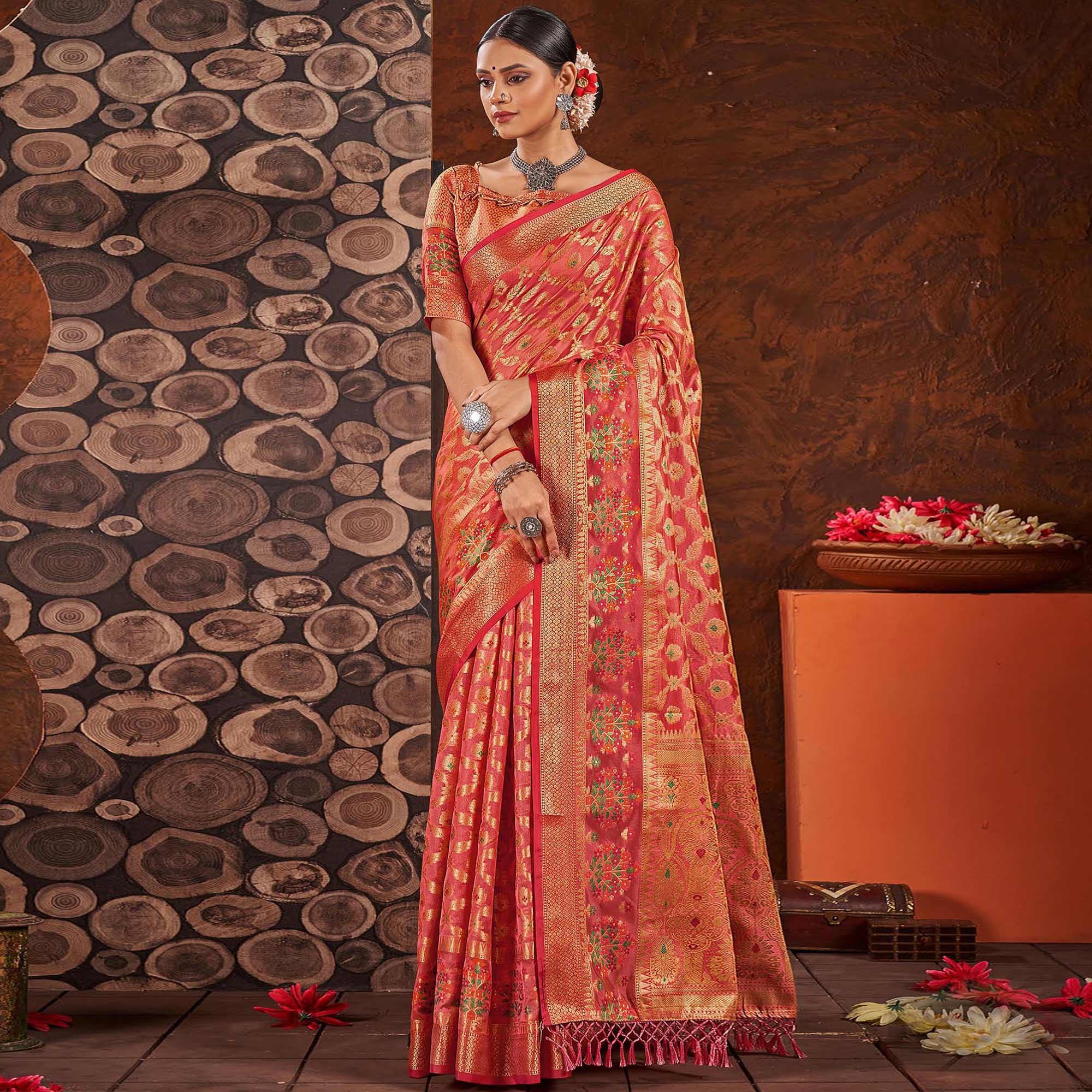 Pink Woven Organza Saree With Tassels - Peachmode