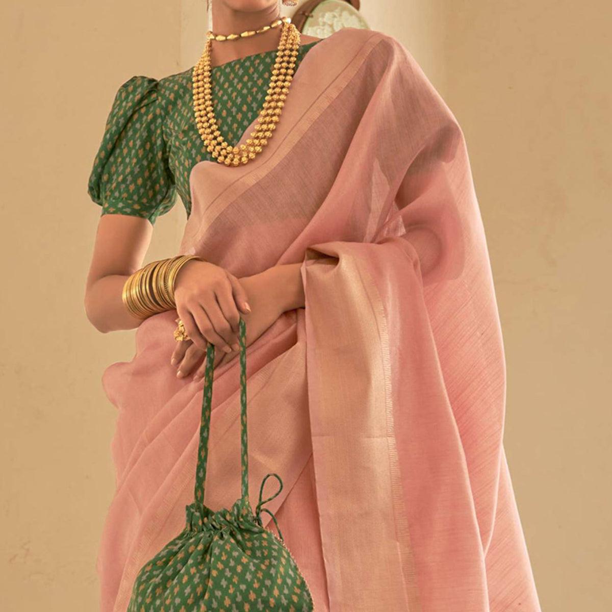 Pink Woven Organza Saree With Tassels - Peachmode