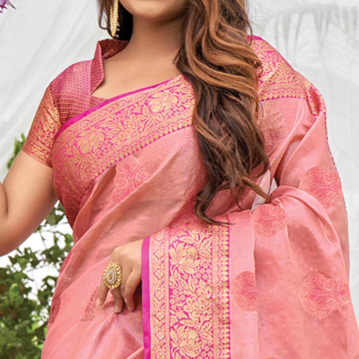 Pink Woven Organza Saree with Tassels - Peachmode