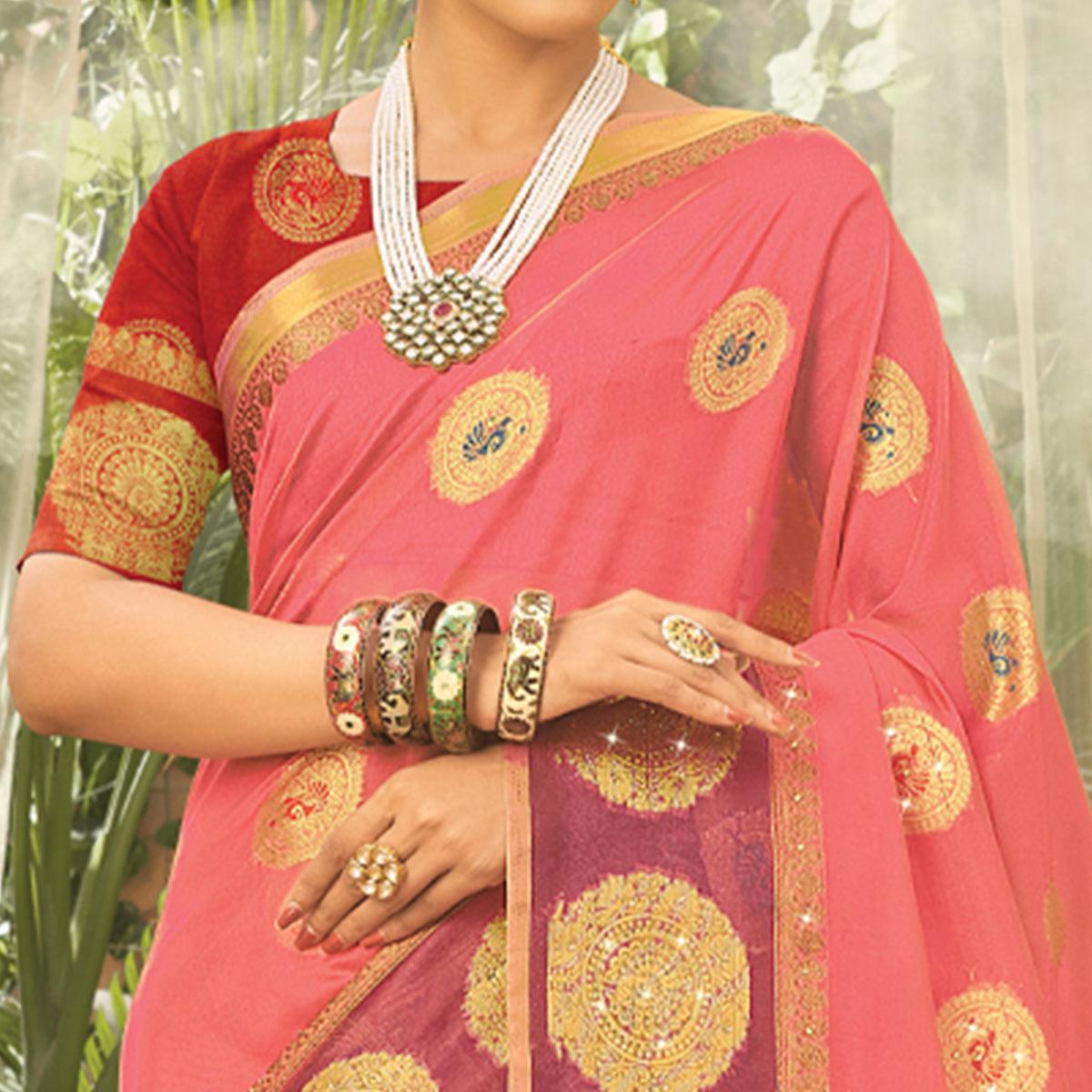 Pink Woven Organza Saree With Tassels - Peachmode