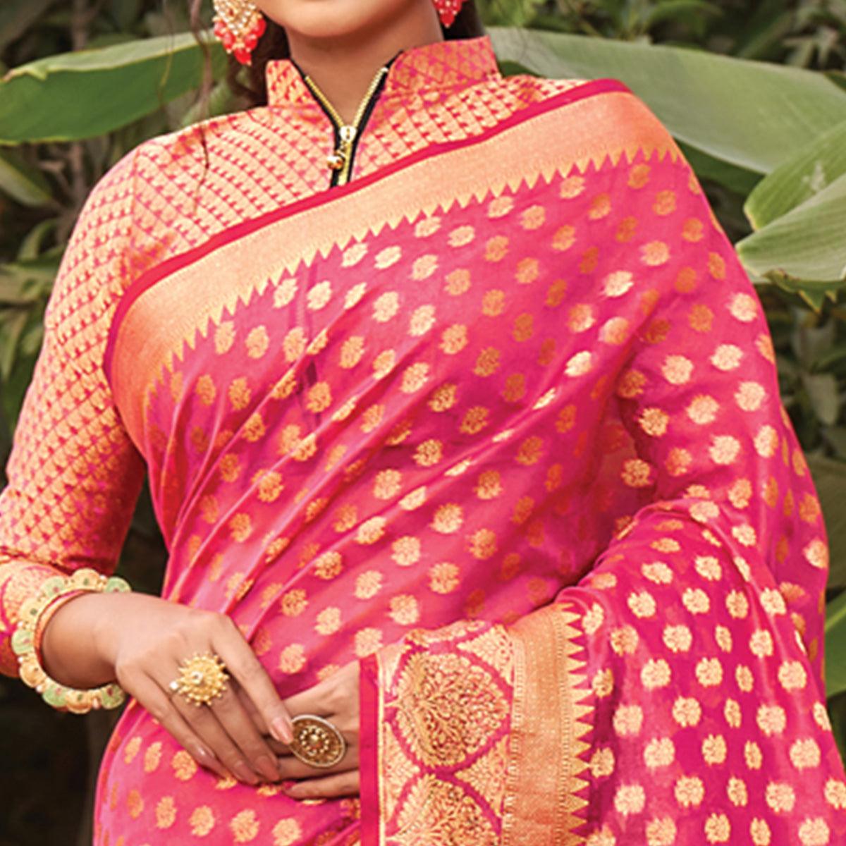 Pink Woven Organza Saree with Tassels - Peachmode