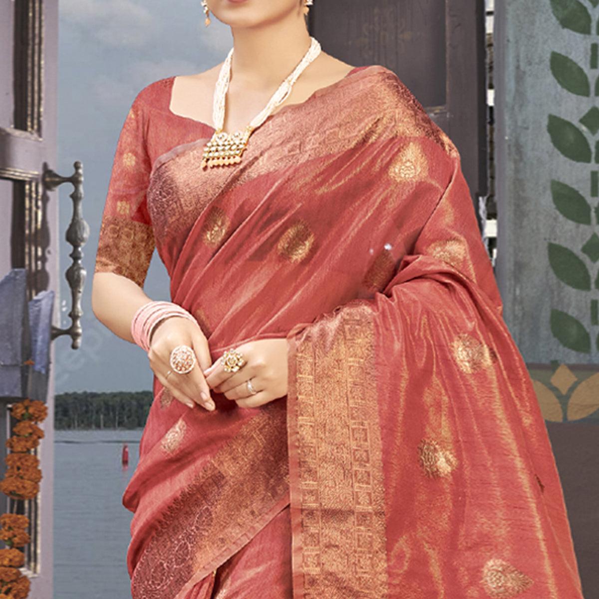 Pink Woven Organza Saree With Tassels - Peachmode