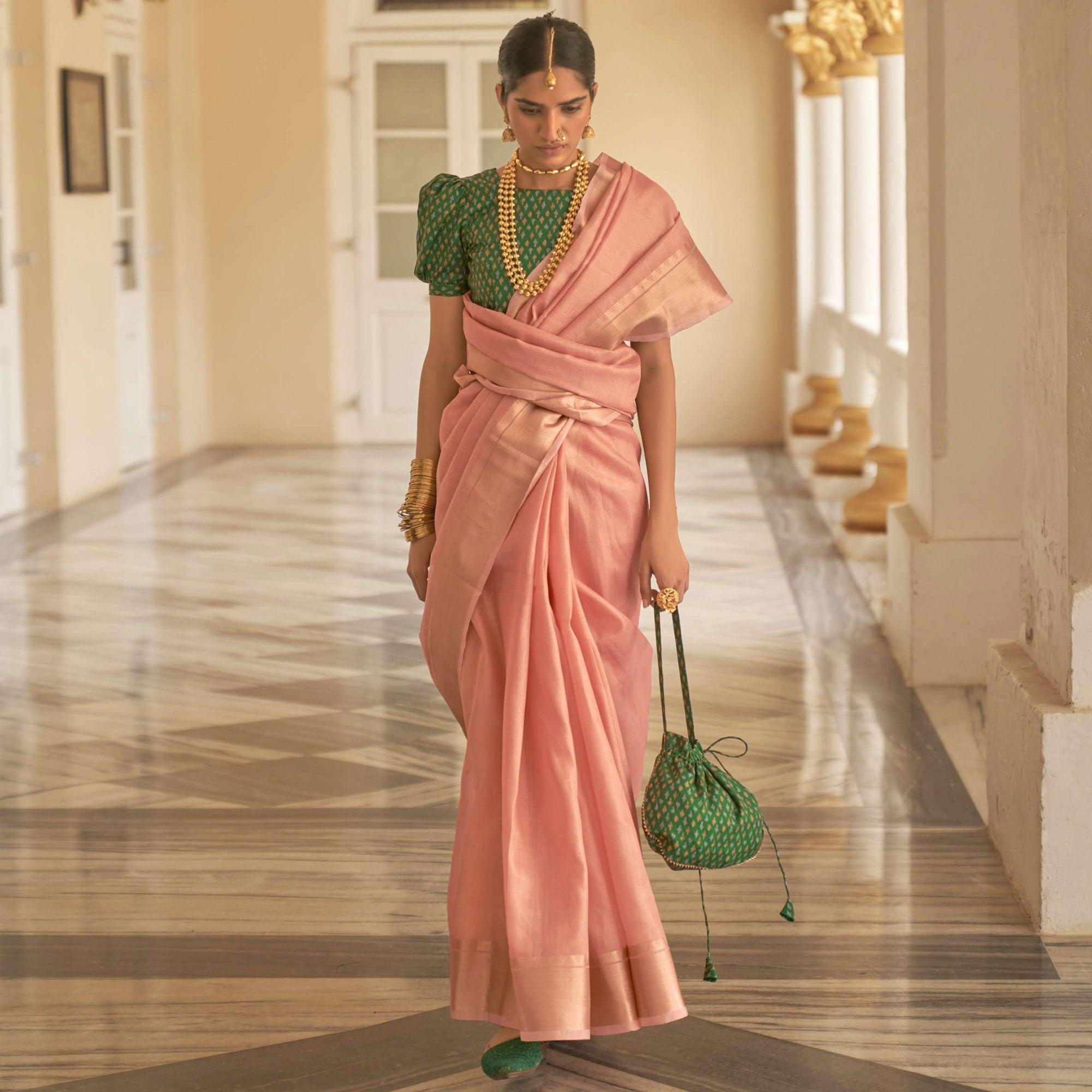 Pink Woven Organza Saree With Tassels - Peachmode