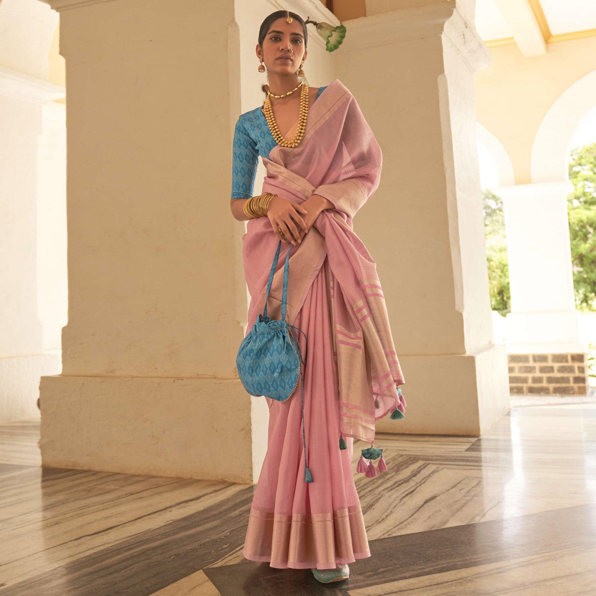 Pink Woven Organza Saree With Tassels - Peachmode