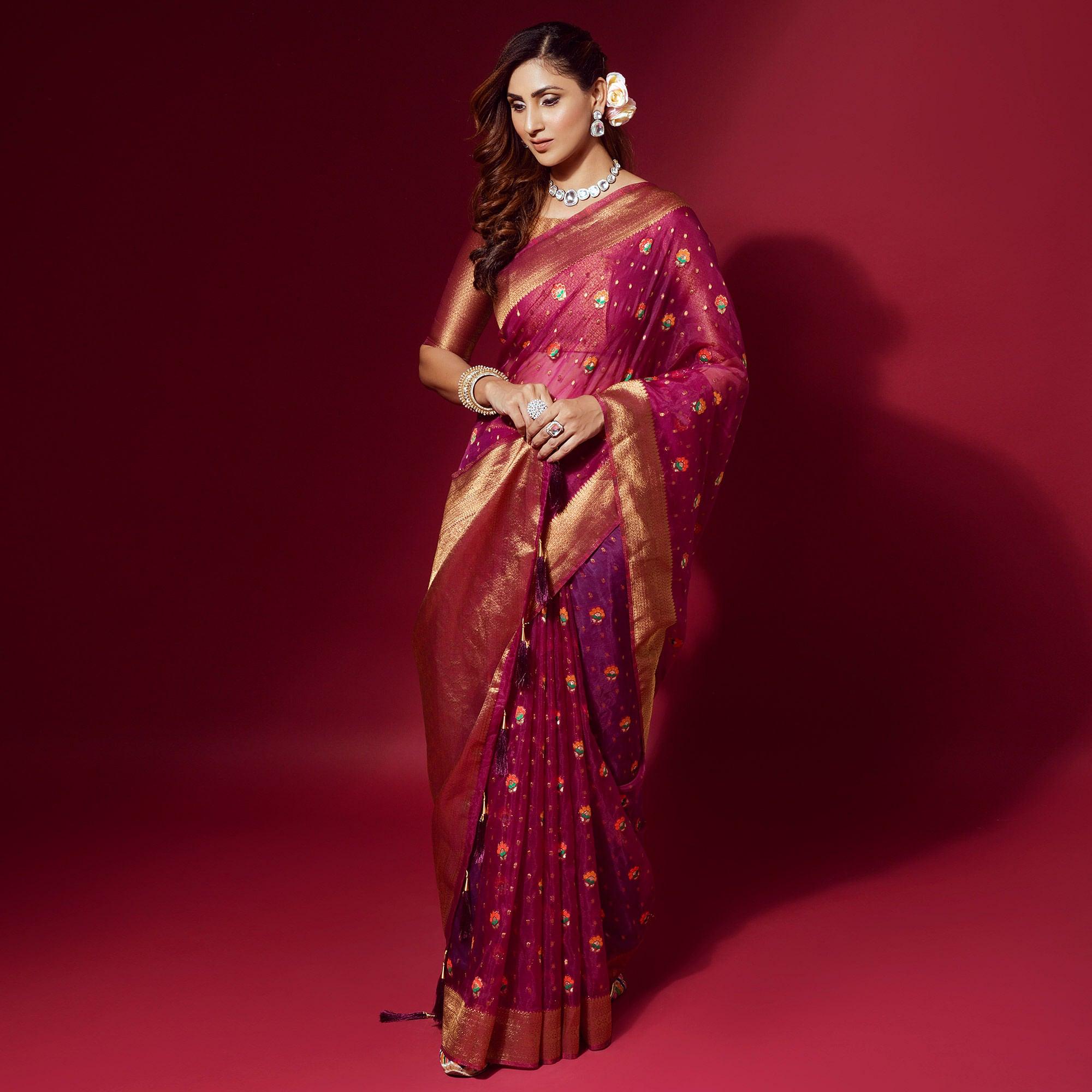 Pink Woven Organza Saree With Tassels - Peachmode