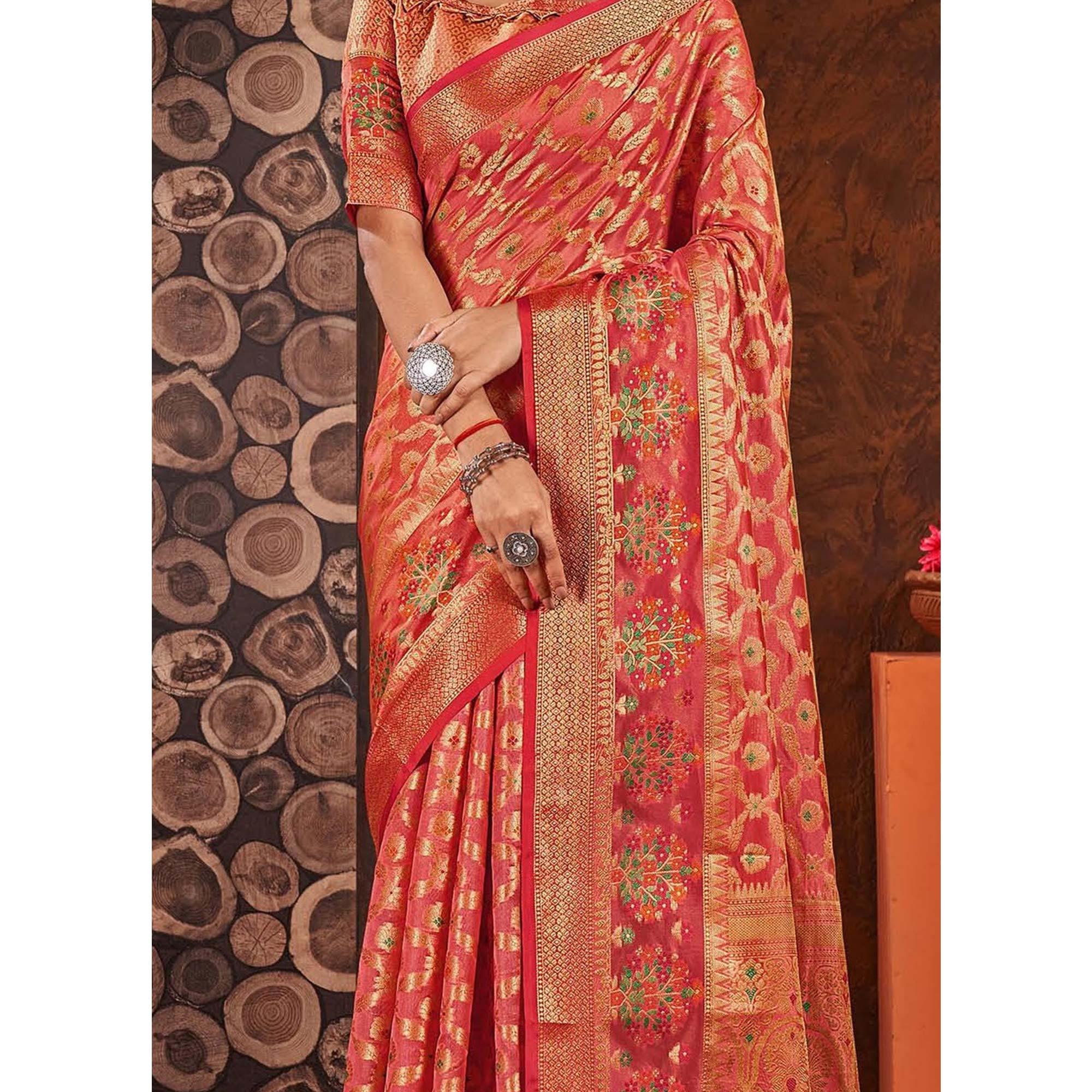 Pink Woven Organza Saree With Tassels - Peachmode