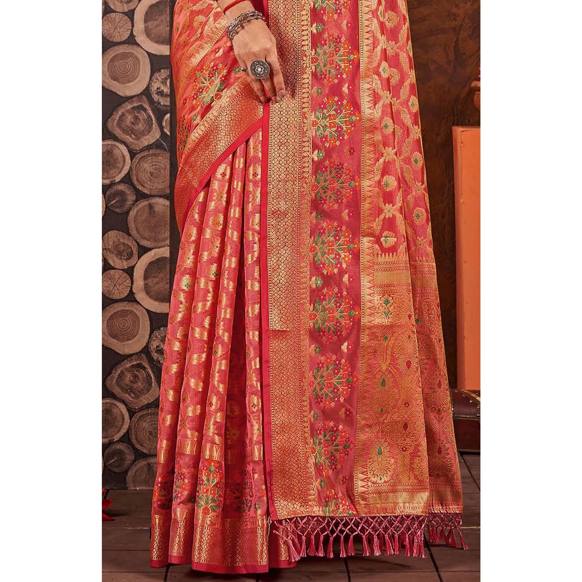 Pink Woven Organza Saree With Tassels - Peachmode