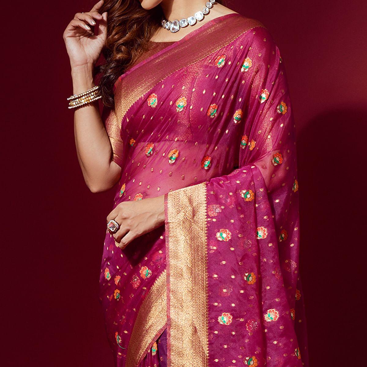 Pink Woven Organza Saree With Tassels - Peachmode