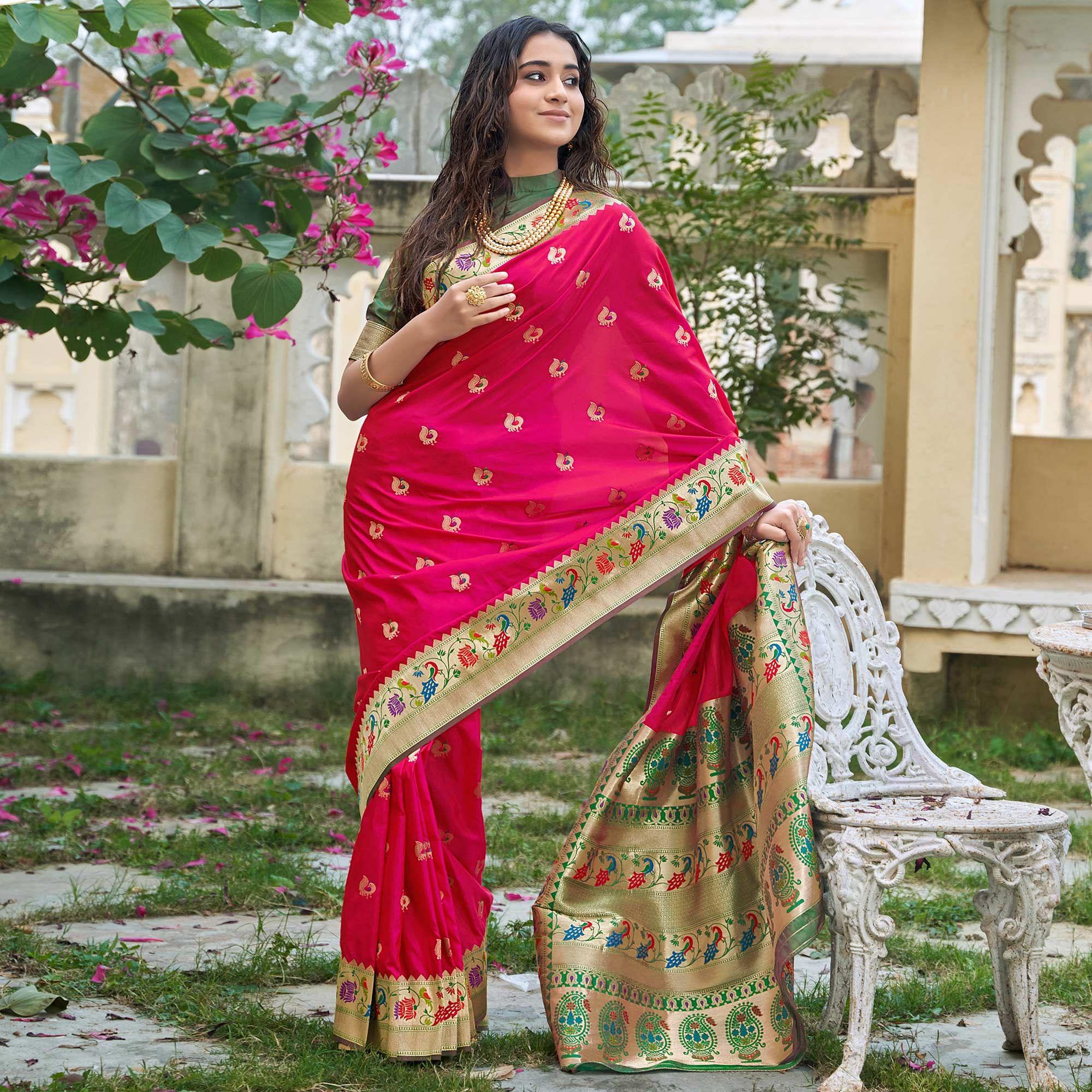 Pink Woven Paithani Saree - Peachmode