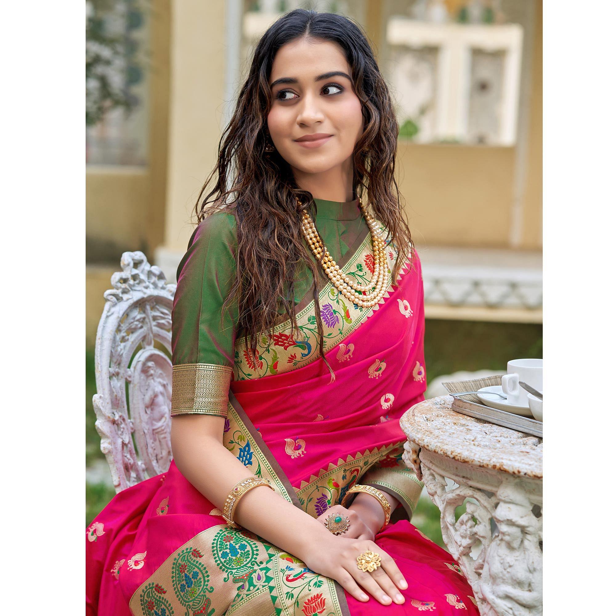 Pink Woven Paithani Saree - Peachmode