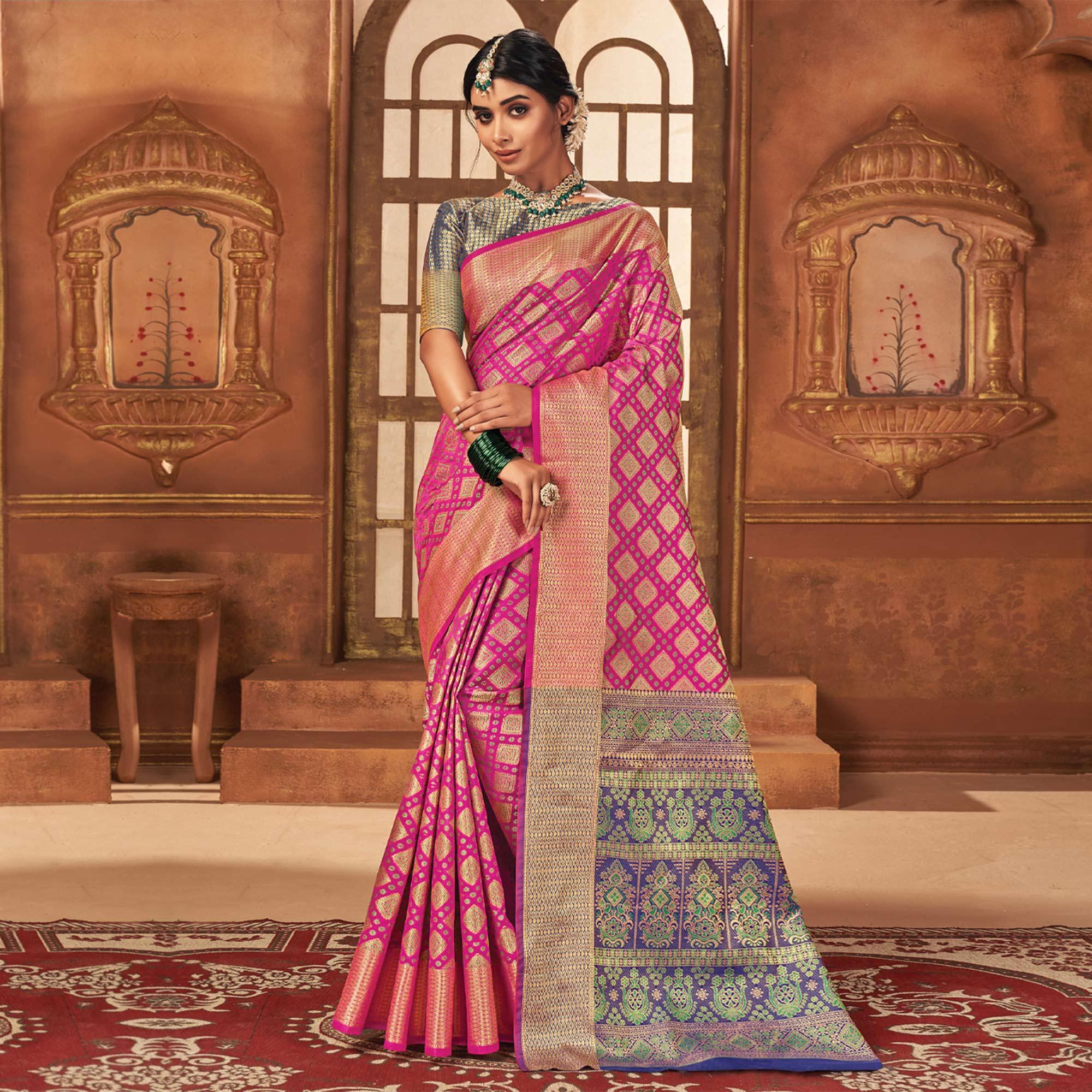 Pink Woven Patola Art Silk Saree - Peachmode