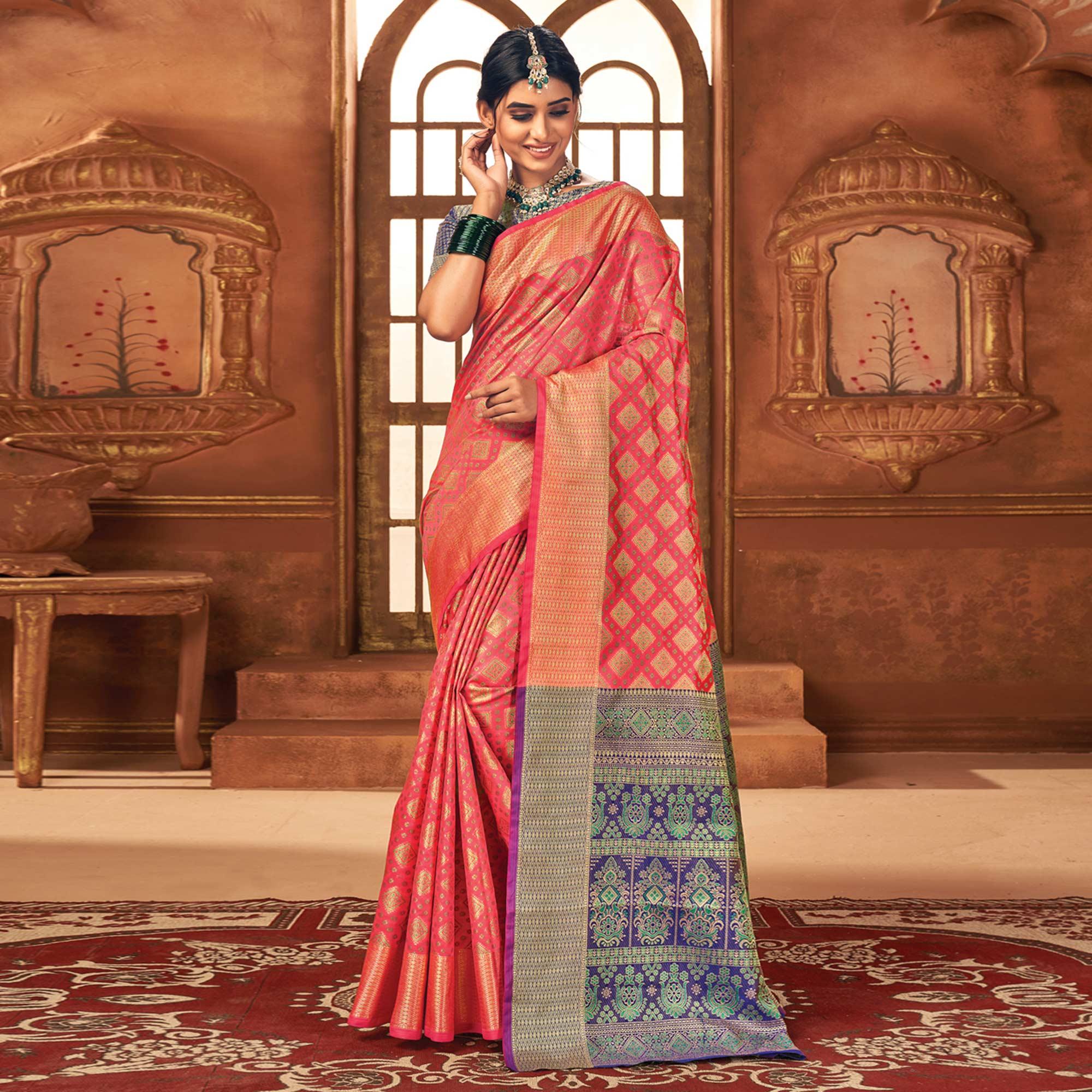 Pink Woven Patola Art Silk Saree - Peachmode