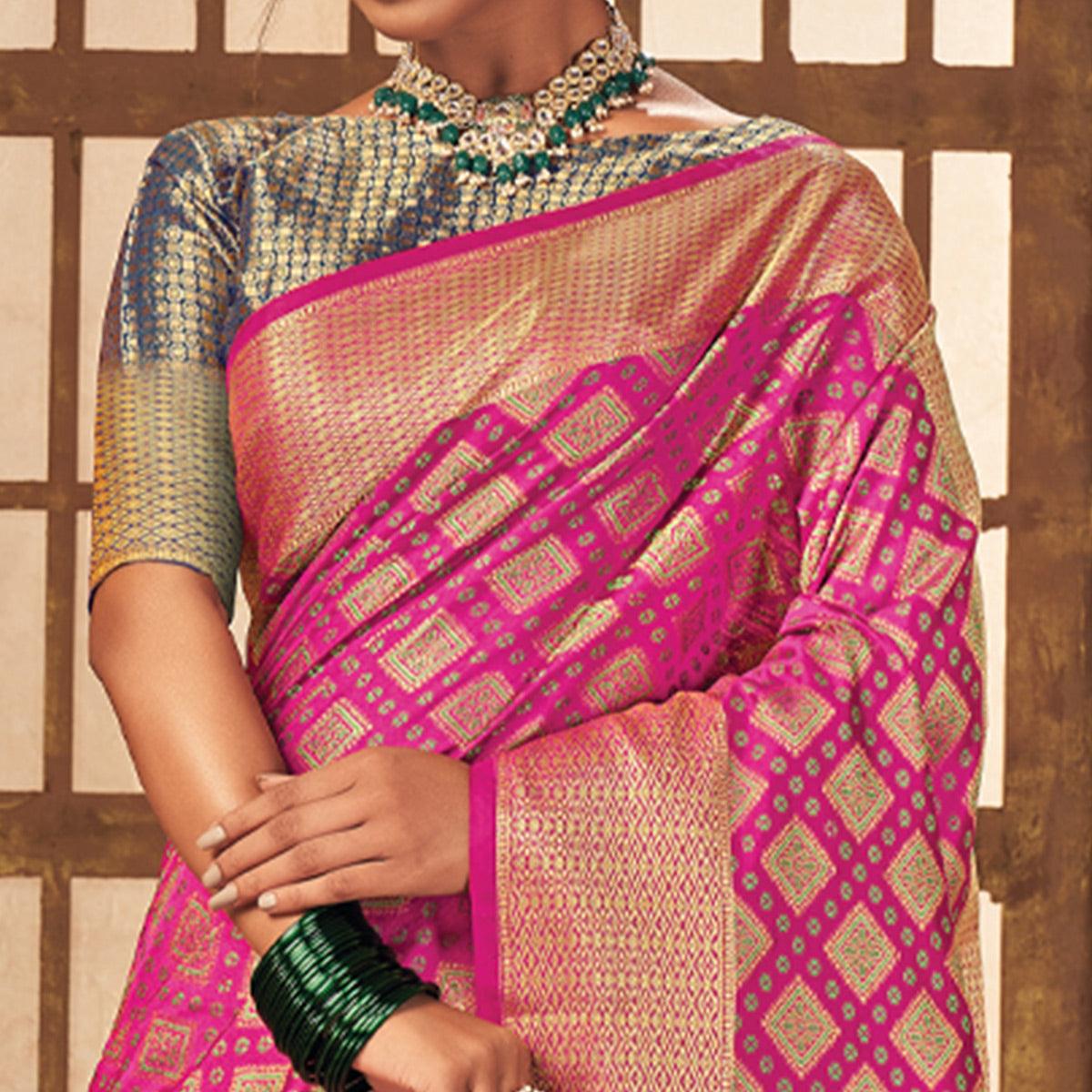 Pink Woven Patola Art Silk Saree - Peachmode