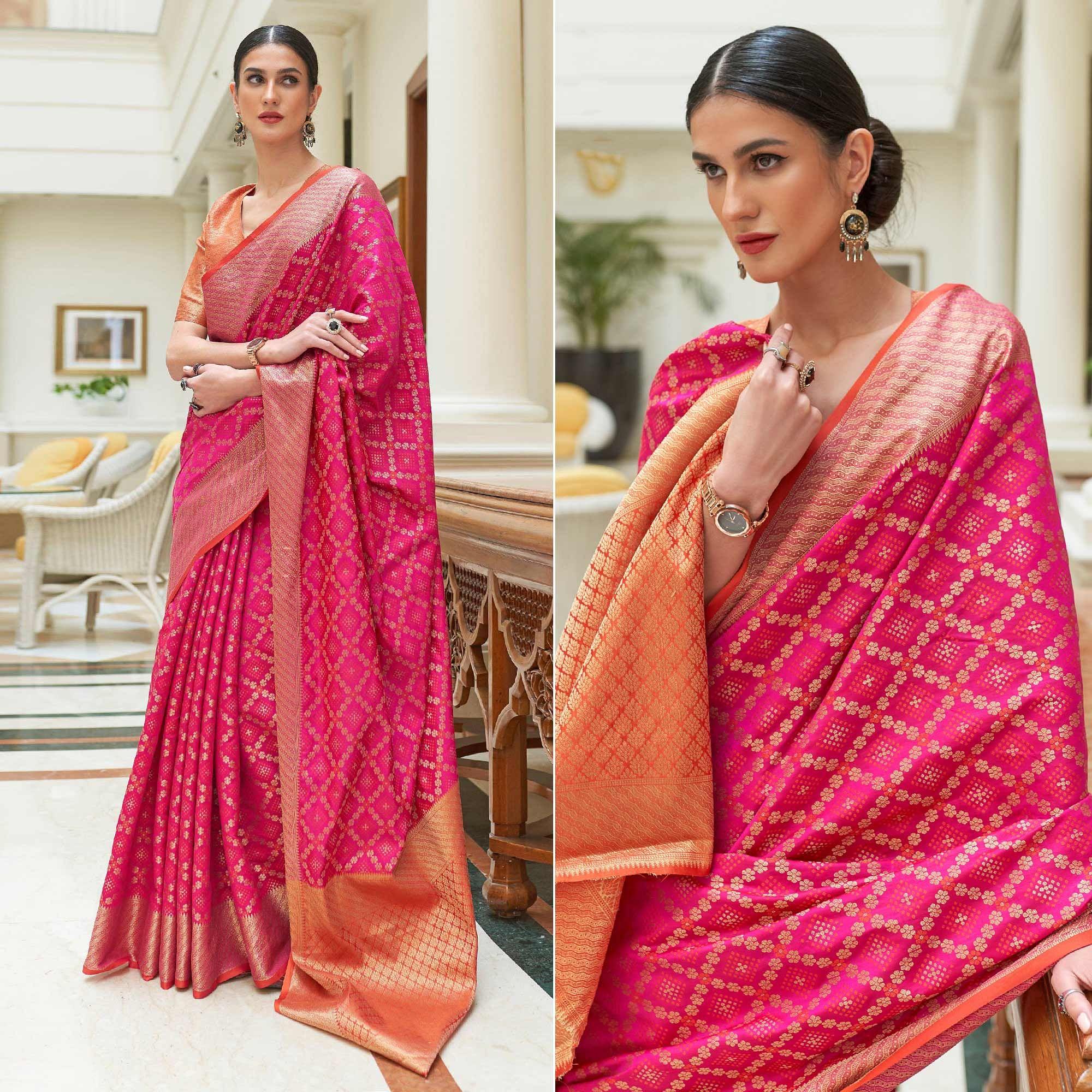 Pink Woven Patola Banarasi Silk Saree - Peachmode