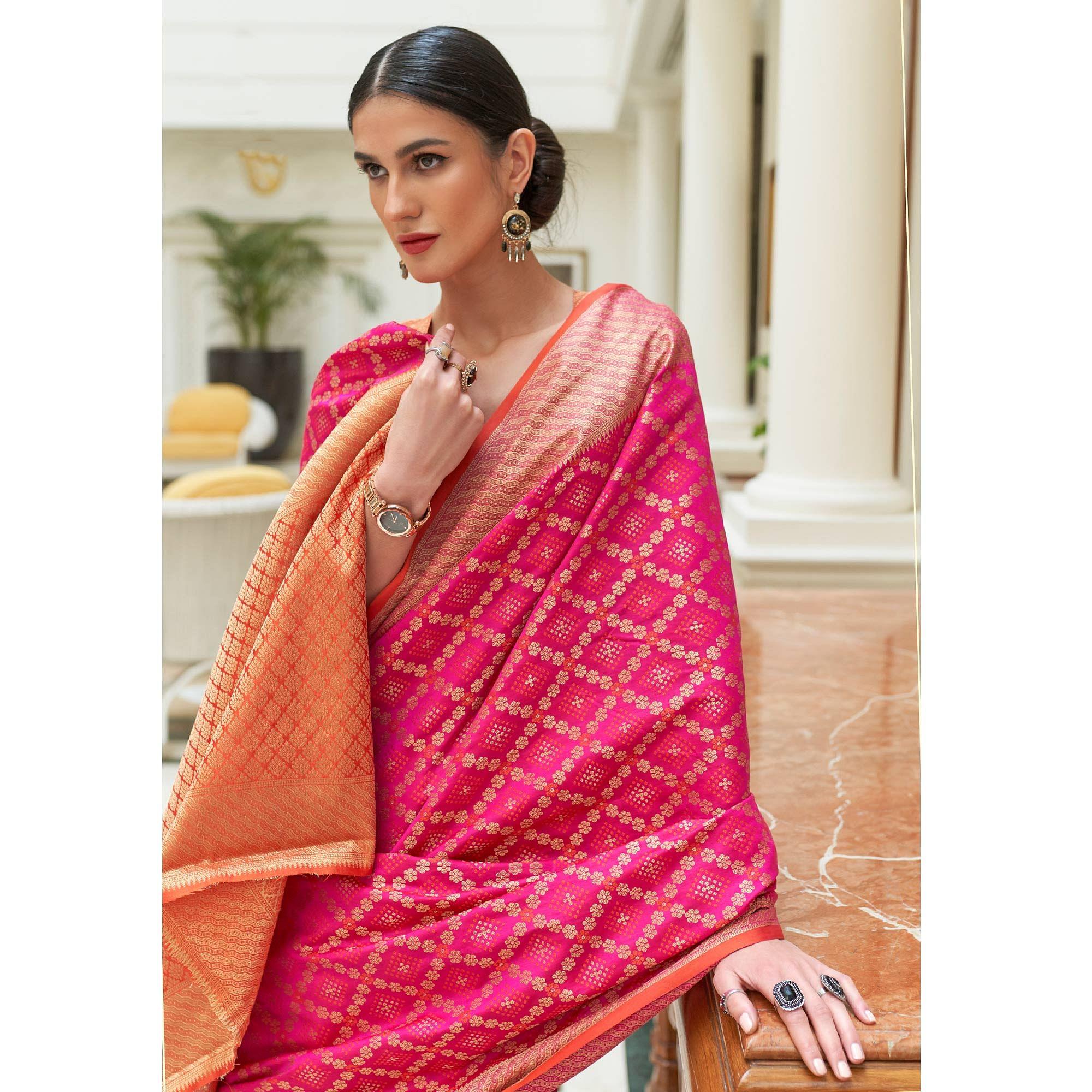 Pink Woven Patola Banarasi Silk Saree - Peachmode