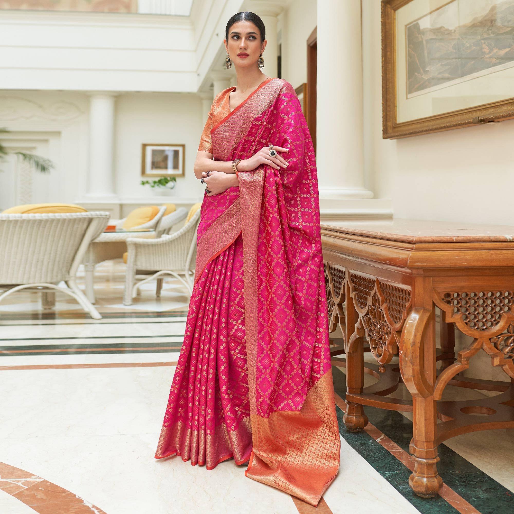 Pink Woven Patola Banarasi Silk Saree - Peachmode