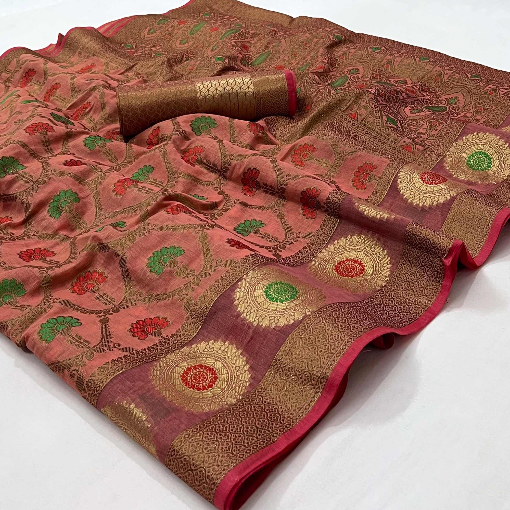 Pink Woven Poly Cotton Saree - Peachmode