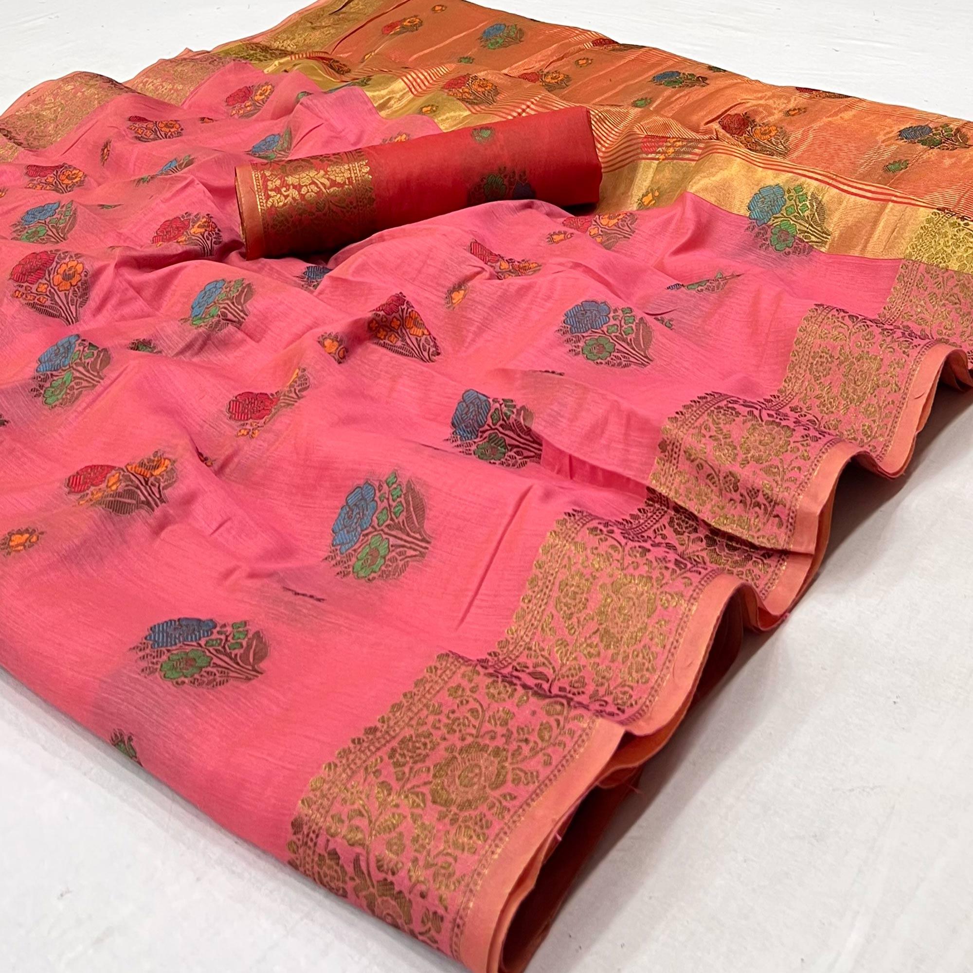 Pink Woven Poly Cotton Saree - Peachmode