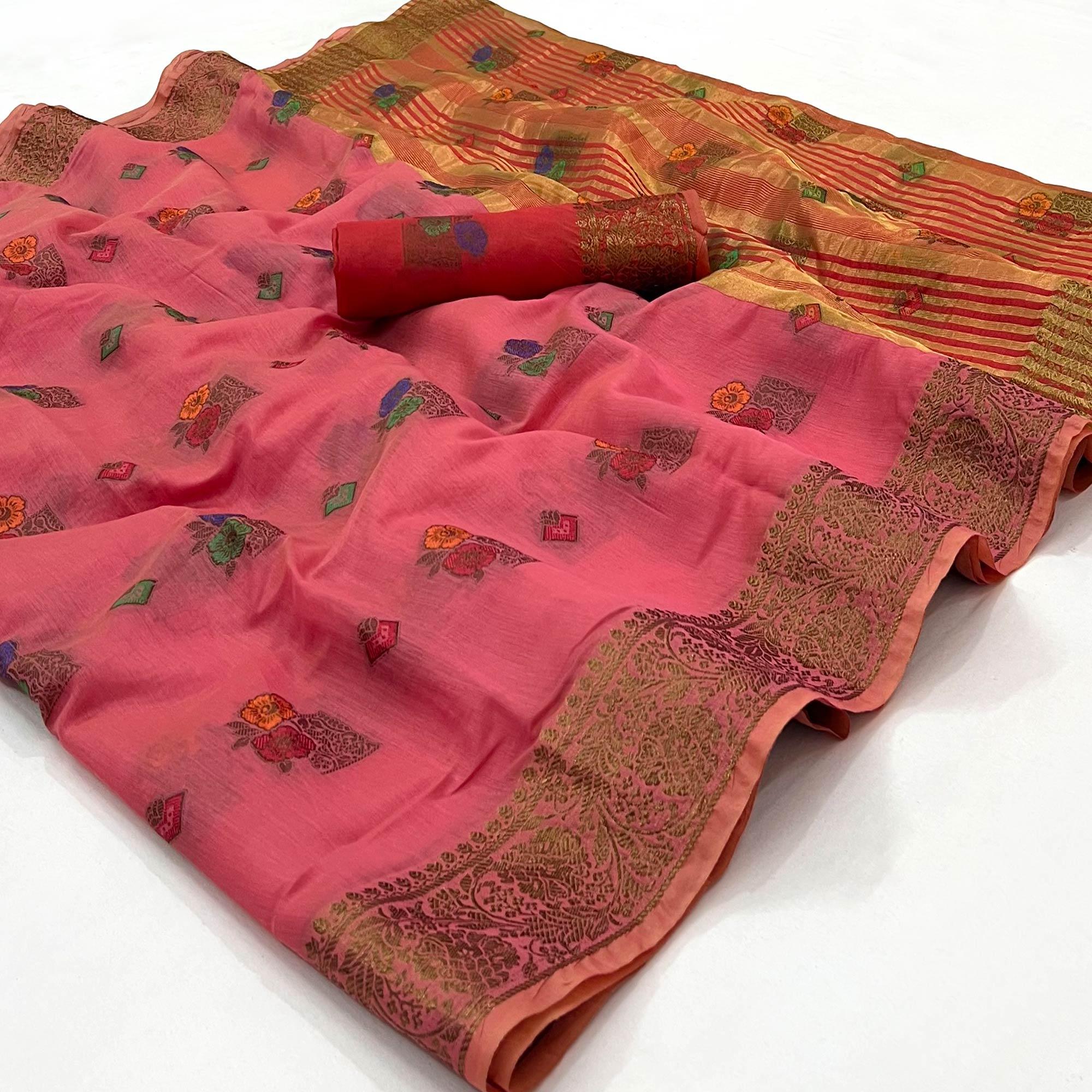 Pink Woven Poly Cotton Saree - Peachmode