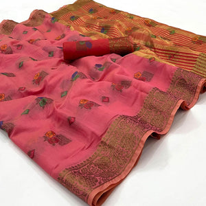 Pink Woven Poly Cotton Saree - Peachmode