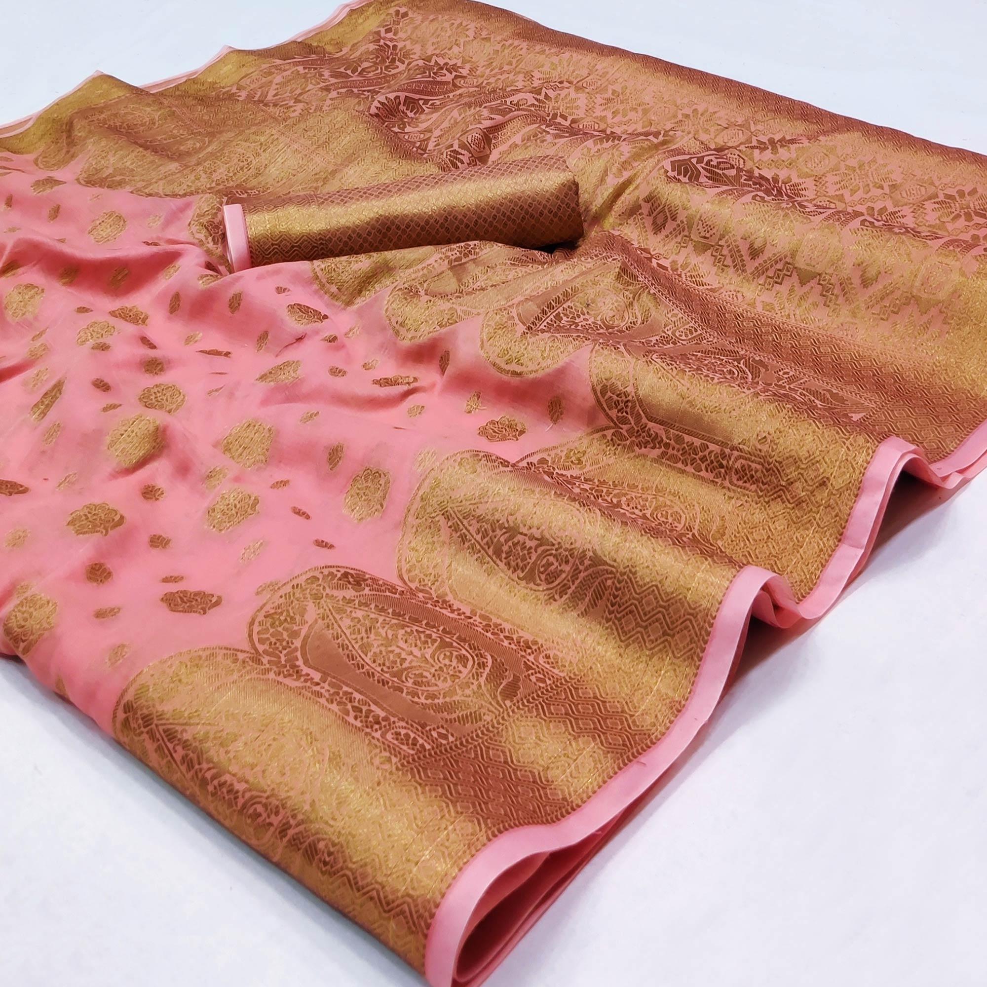 Pink Woven Poly Cotton Saree - Peachmode