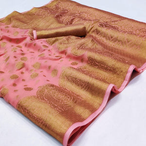 Pink Woven Poly Cotton Saree - Peachmode