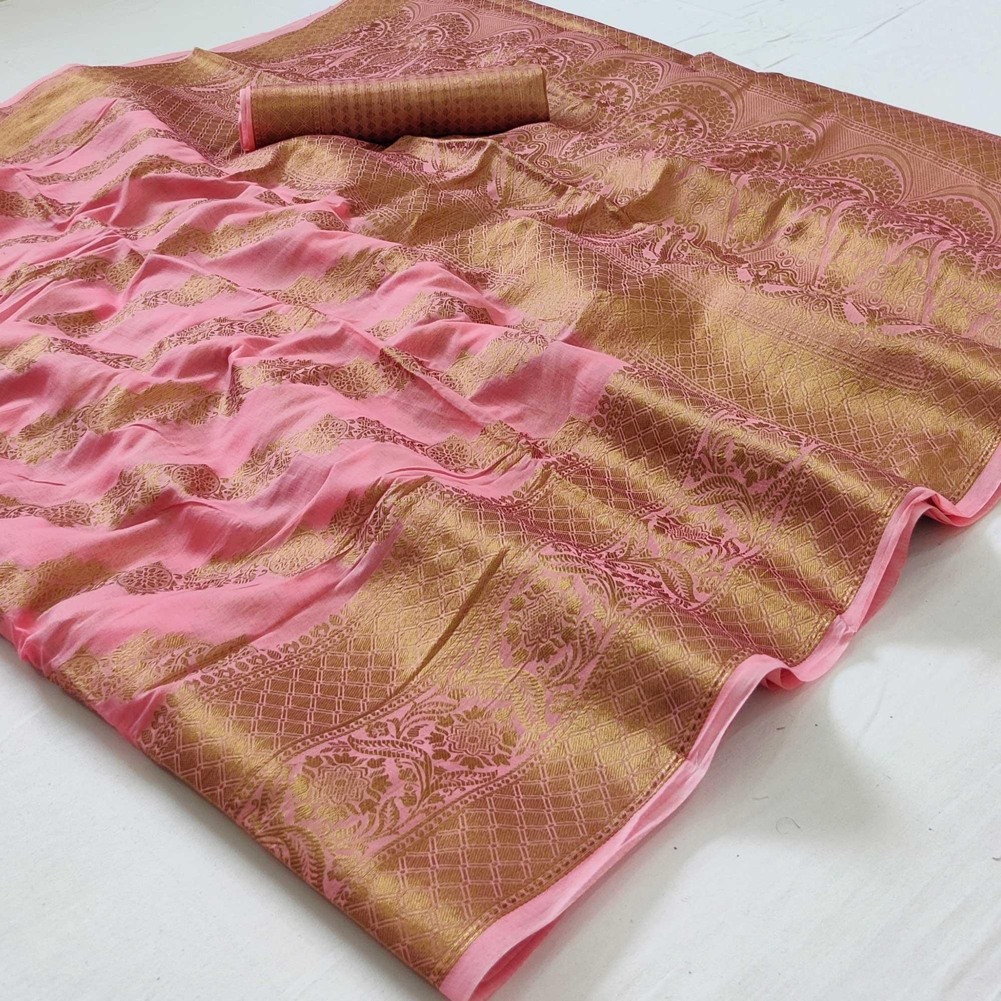 Pink Woven Poly Cotton Saree - Peachmode