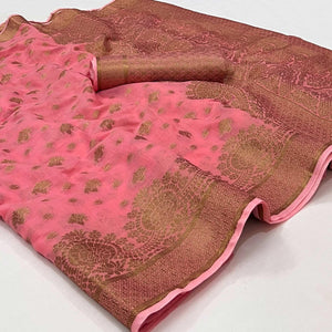 Pink Woven Poly Cotton Saree - Peachmode