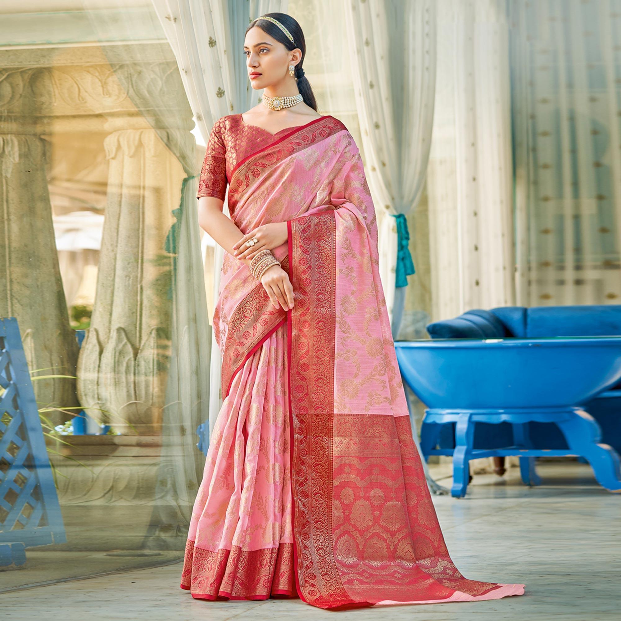 Pink Woven Poly Cotton Saree - Peachmode