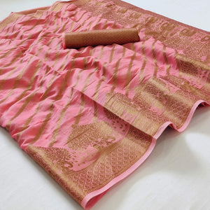 Pink Woven Poly Cotton Saree - Peachmode