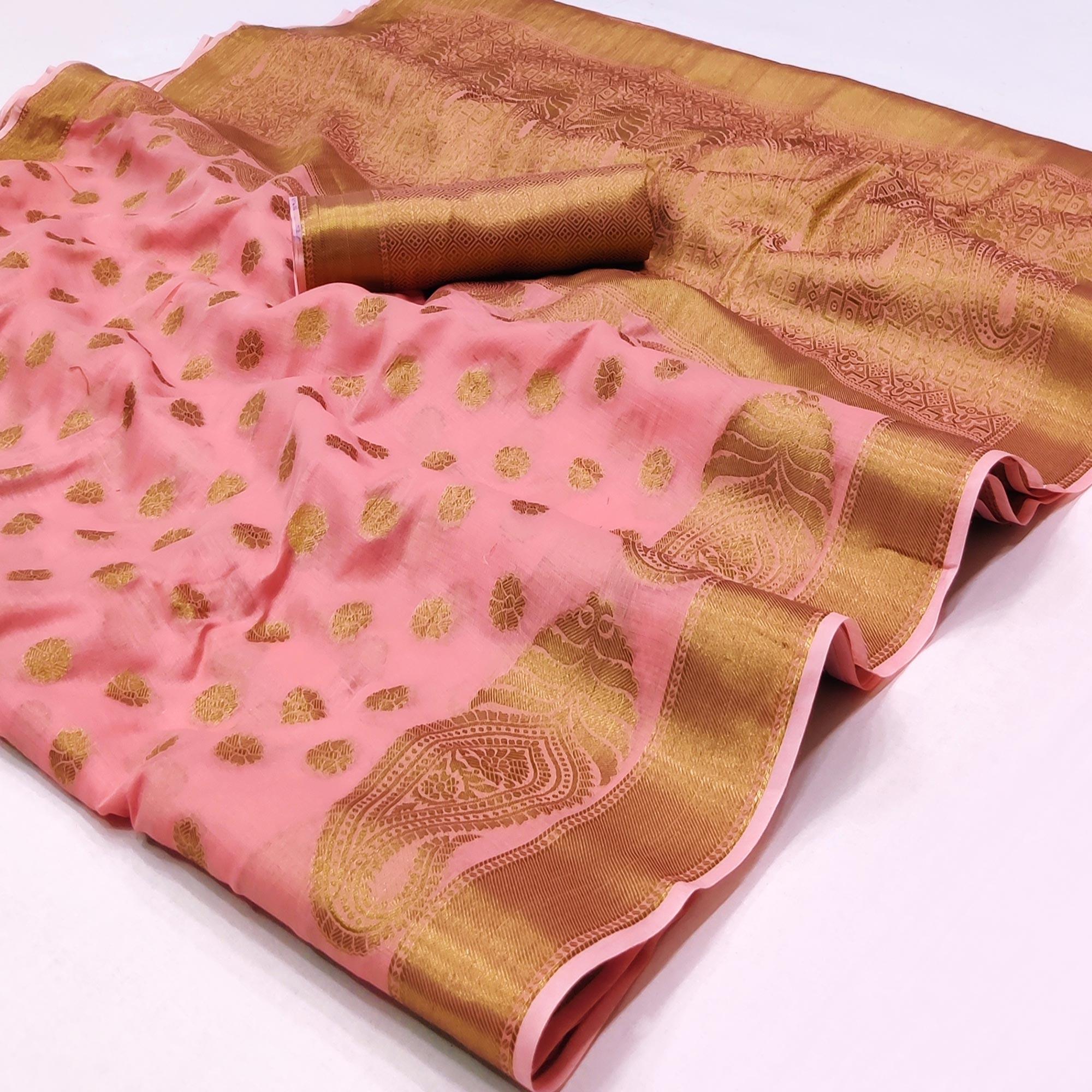 Pink Woven Poly Cotton Saree - Peachmode