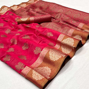 Pink Woven Poly Cotton Saree - Peachmode