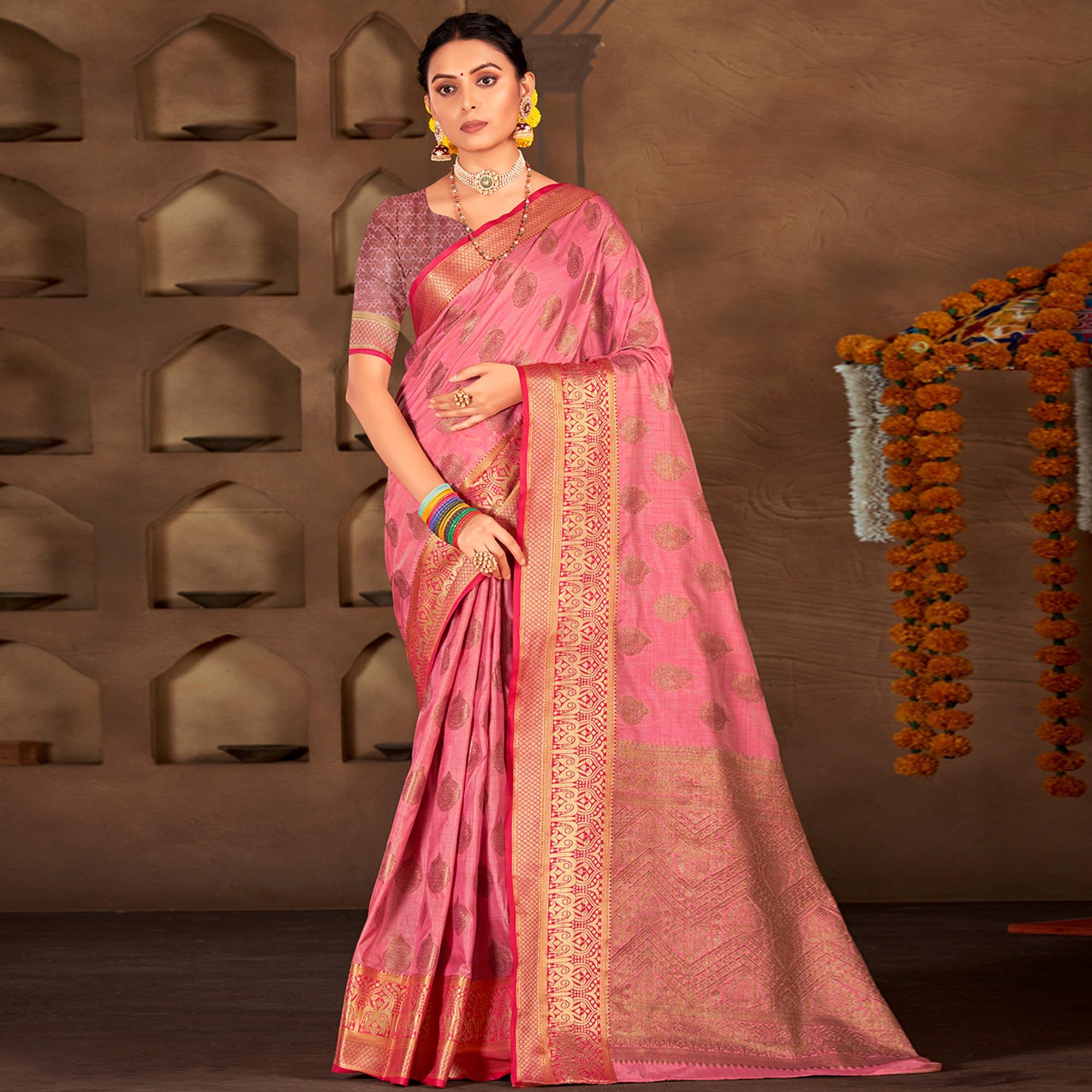 Pink Woven Poly Cotton Saree - Peachmode