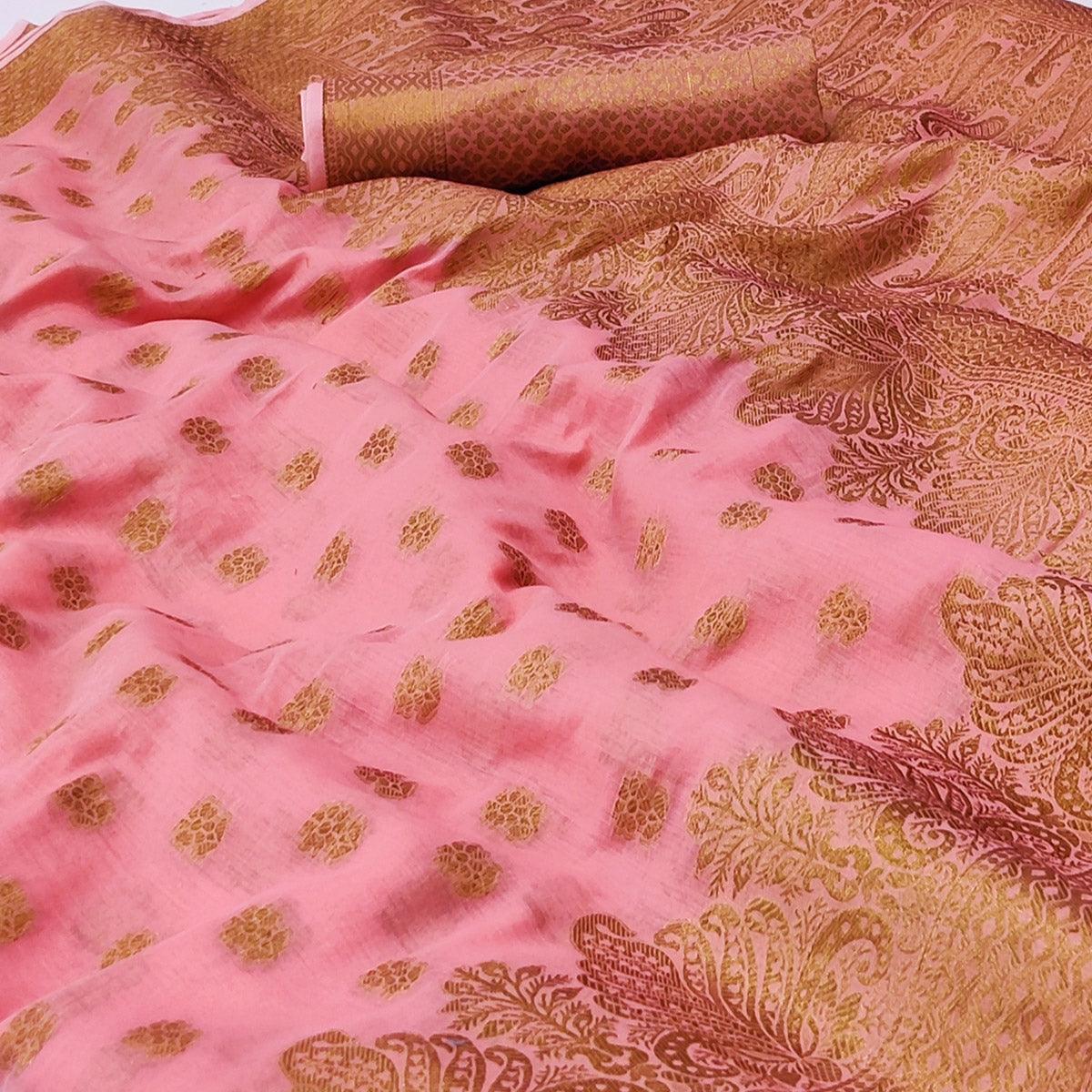 Pink Woven Poly Cotton Saree - Peachmode