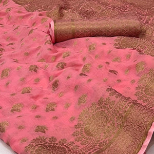 Pink Woven Poly Cotton Saree - Peachmode